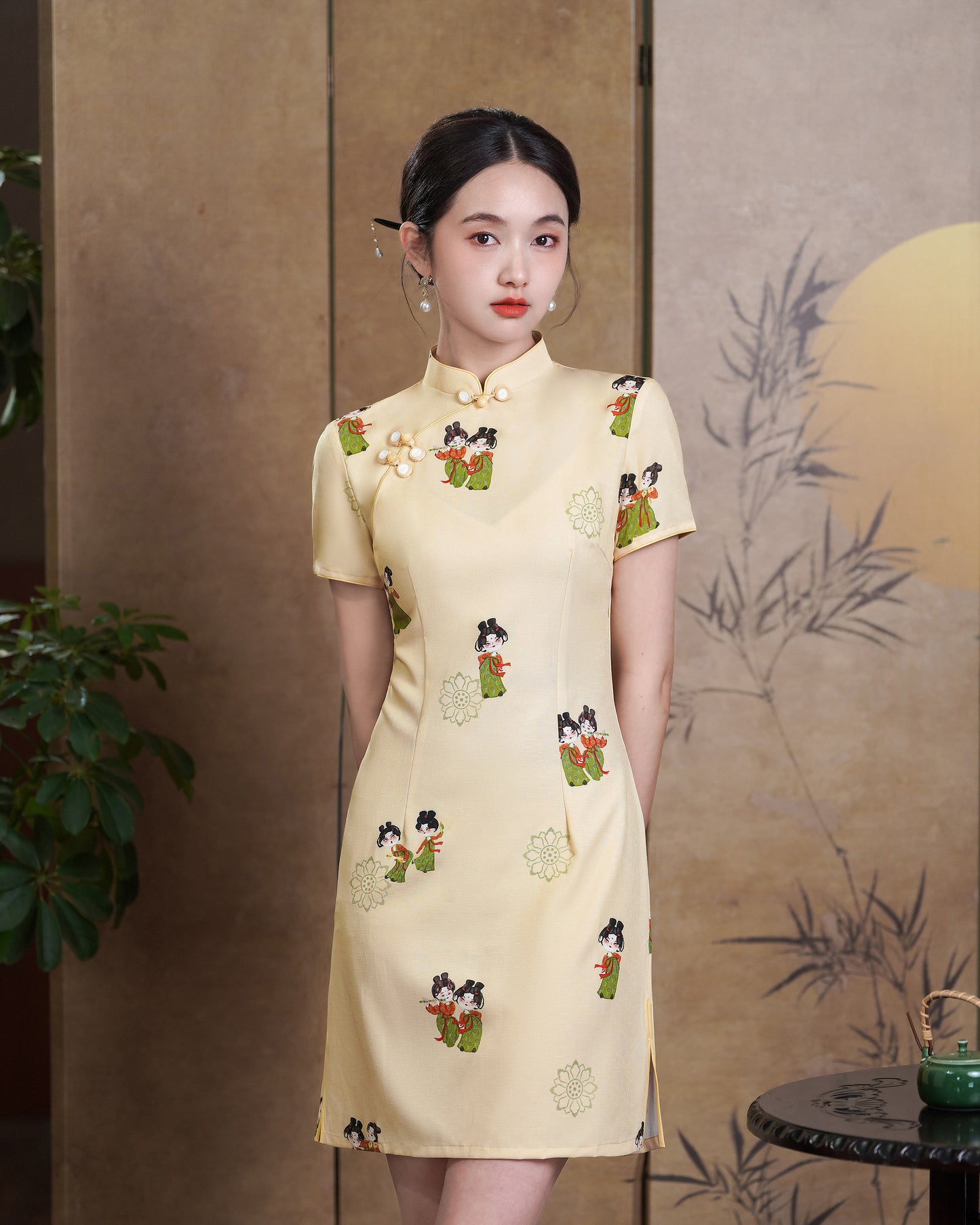 Women's Cheongsam Print Short Sleeve Mini Dress