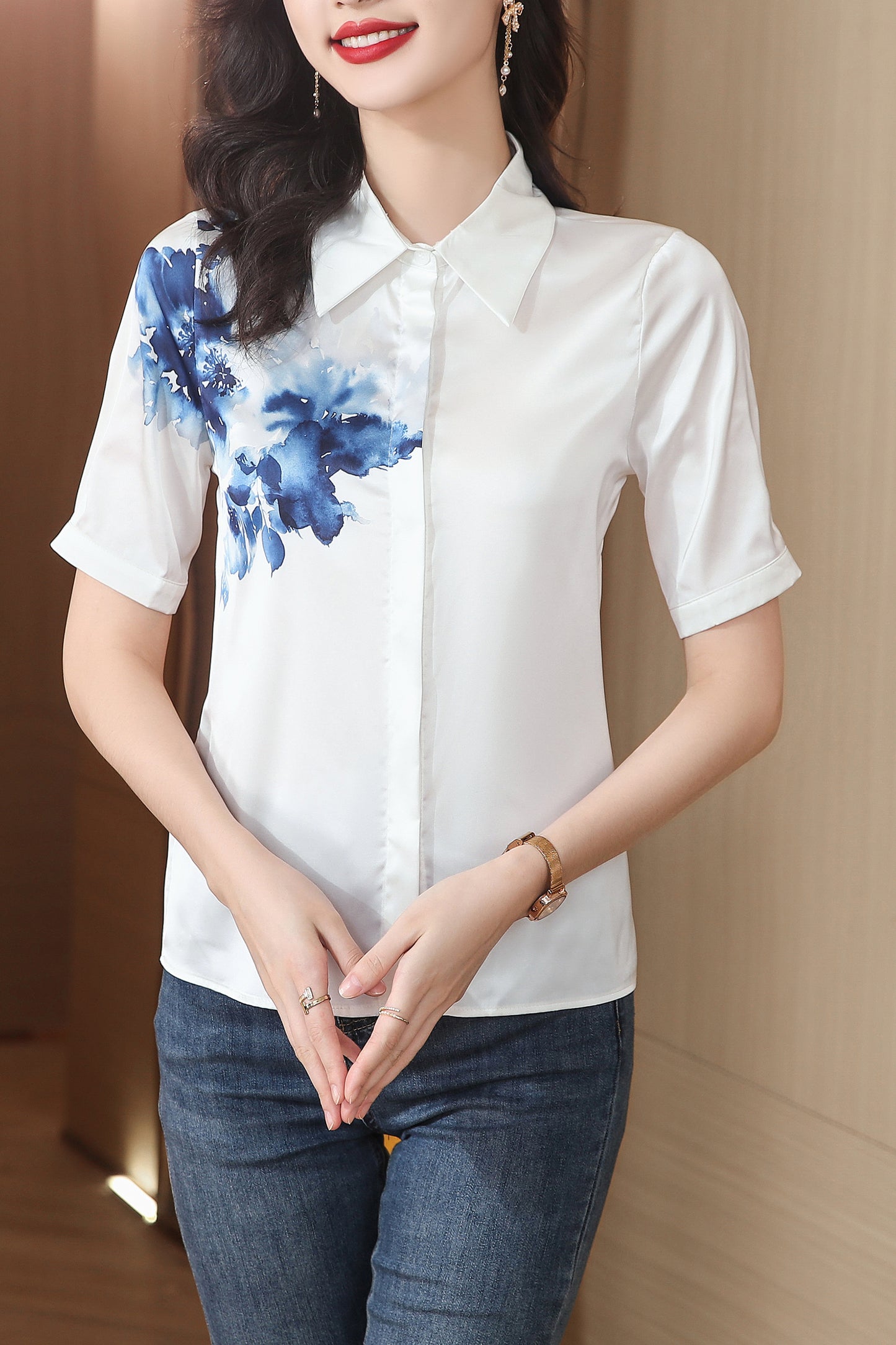 Women's Collared Floral Print Blouse Short Sleeve Tops