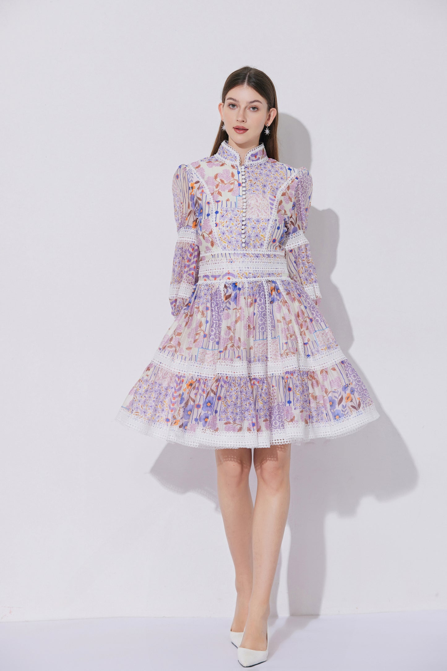Women's Puff Sleeves Hollow Mesh Mini Dress