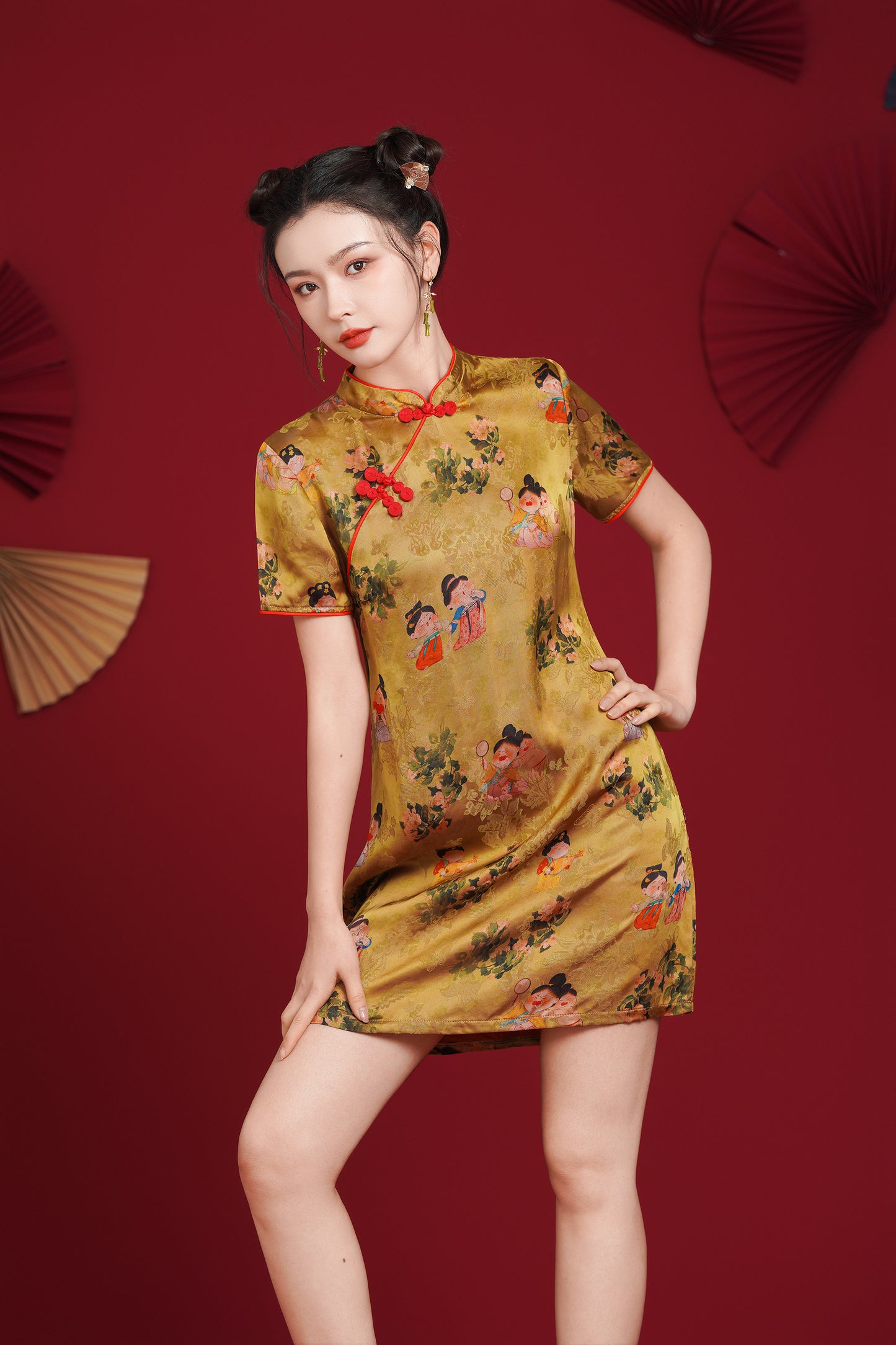Women's Cheongsam Print Short Sleeve Mini Dress