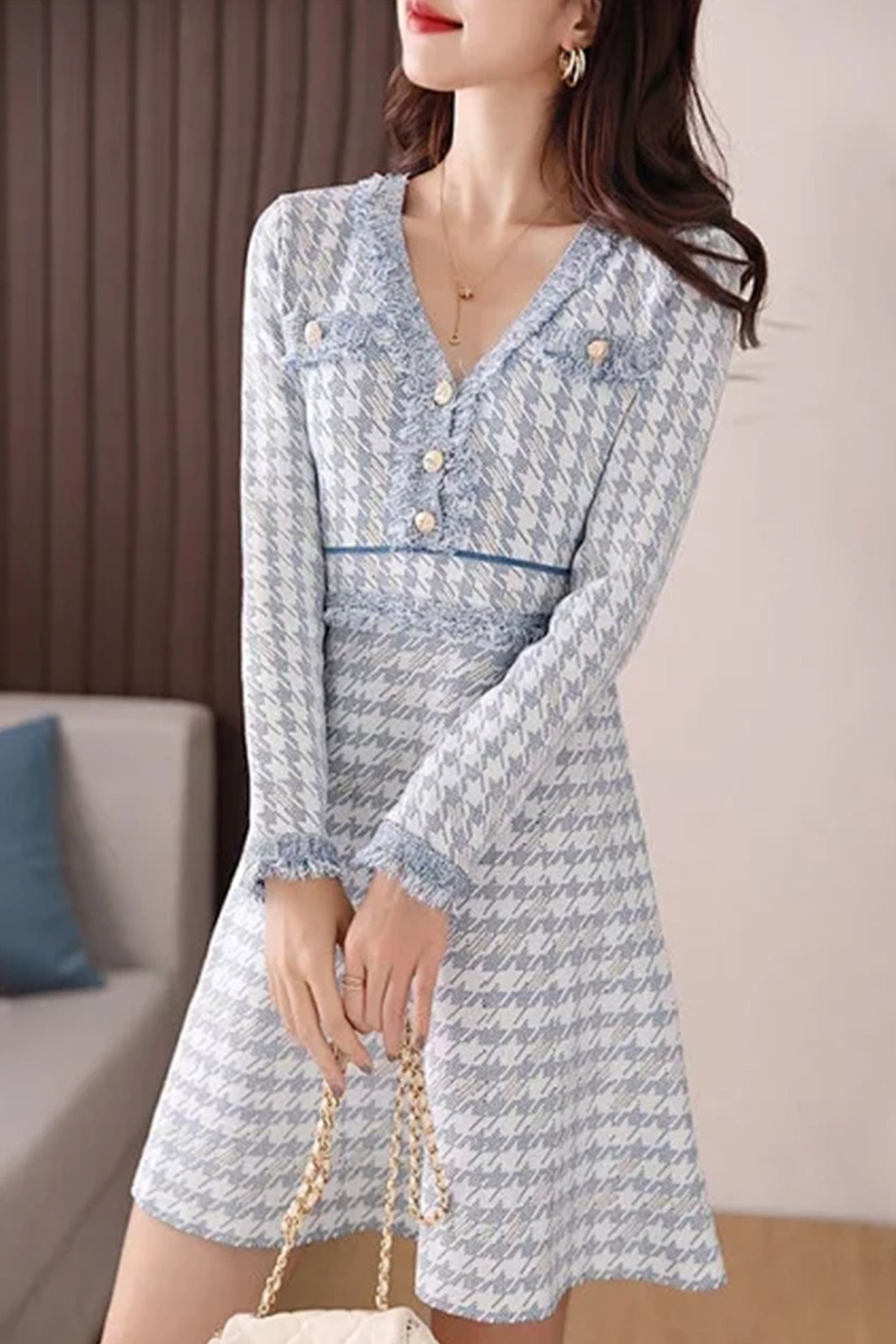 Knit V-neck Long Sleeve Button plaid Dress - LAI MENG FIVE CATS