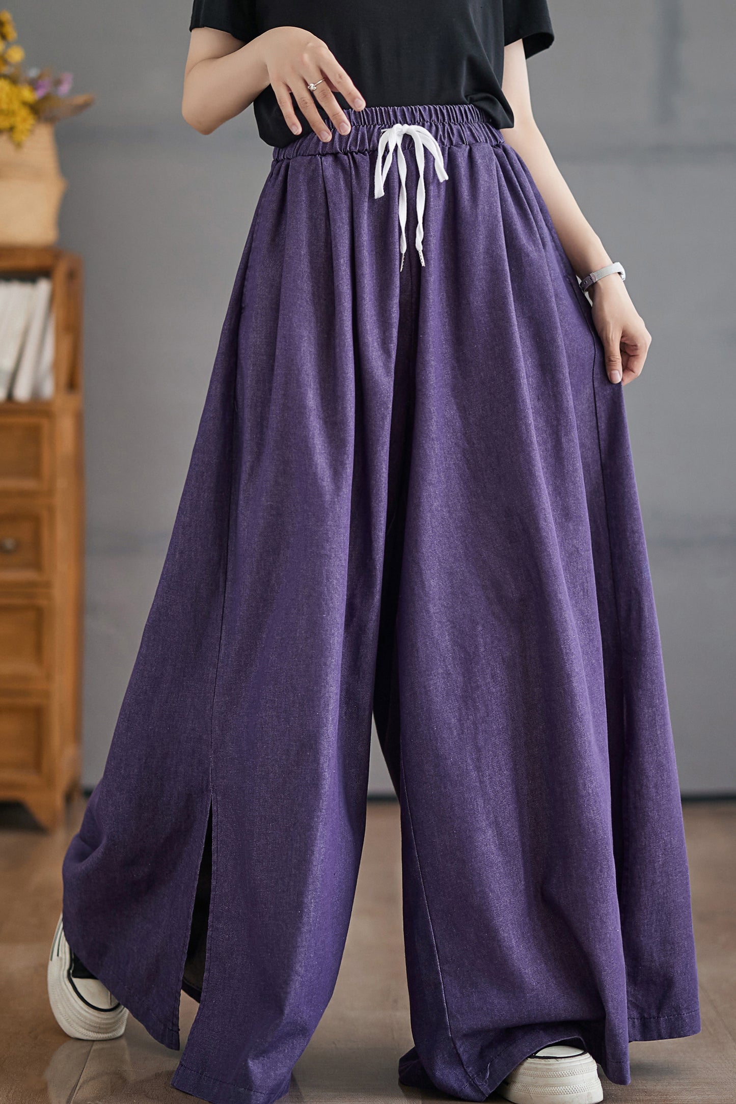 Women's Waisted Drawstring Side Slit Wide Leg Pants