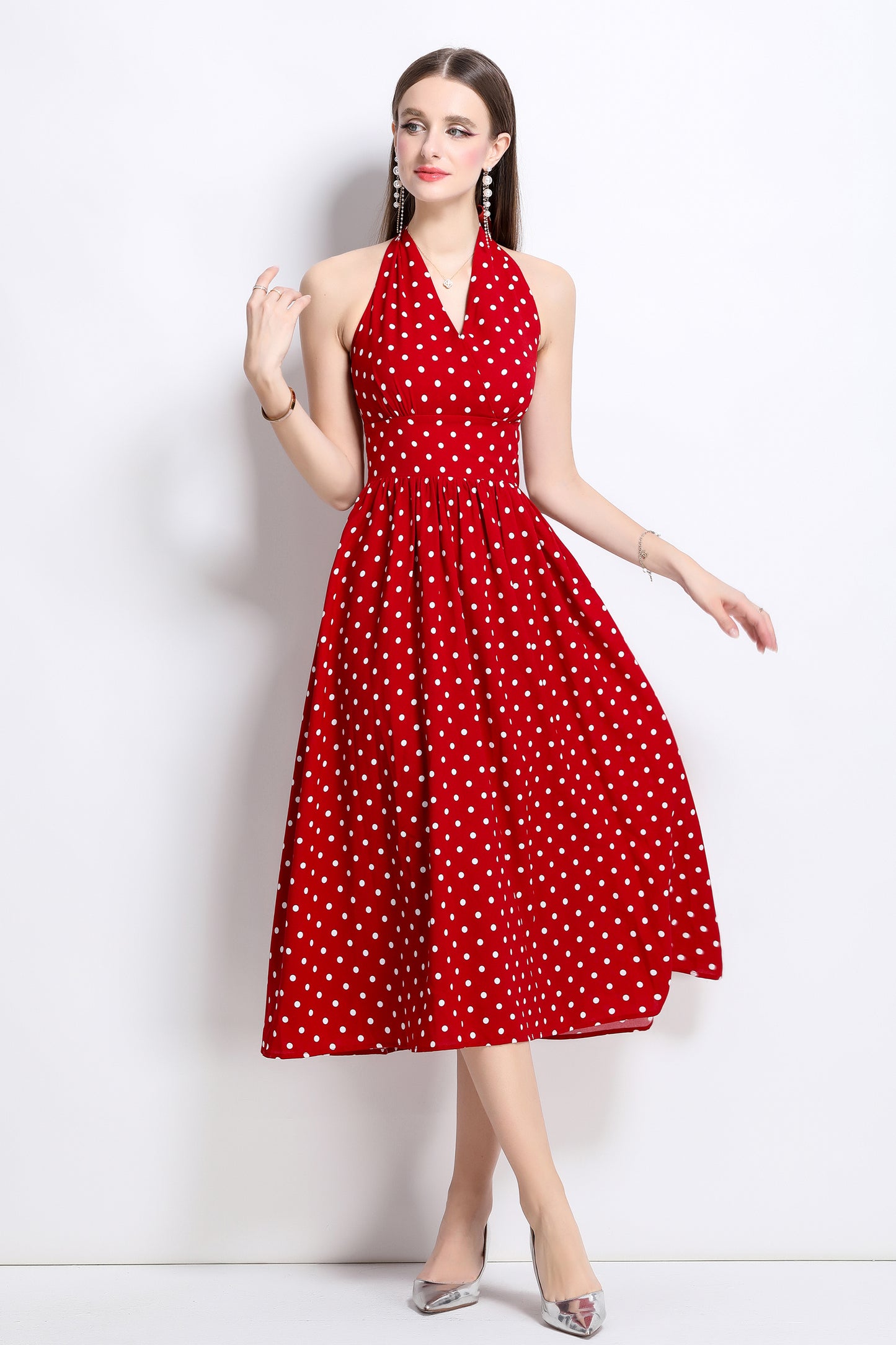 Women's Polka Dot Halter V Neck Backless Midi Dress