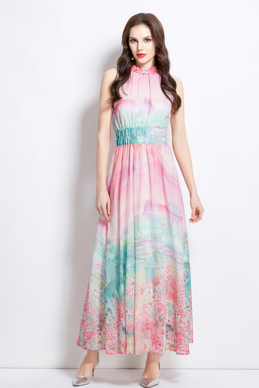 Women's Halter Neck Floral Elastic Waist Maxi Dress