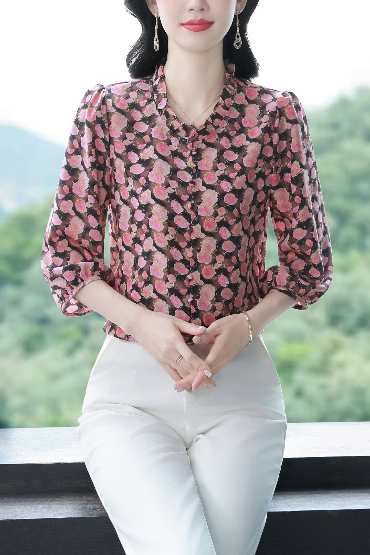 Women's  Floral Print Ruffle Puff Sleeve Blouses Top