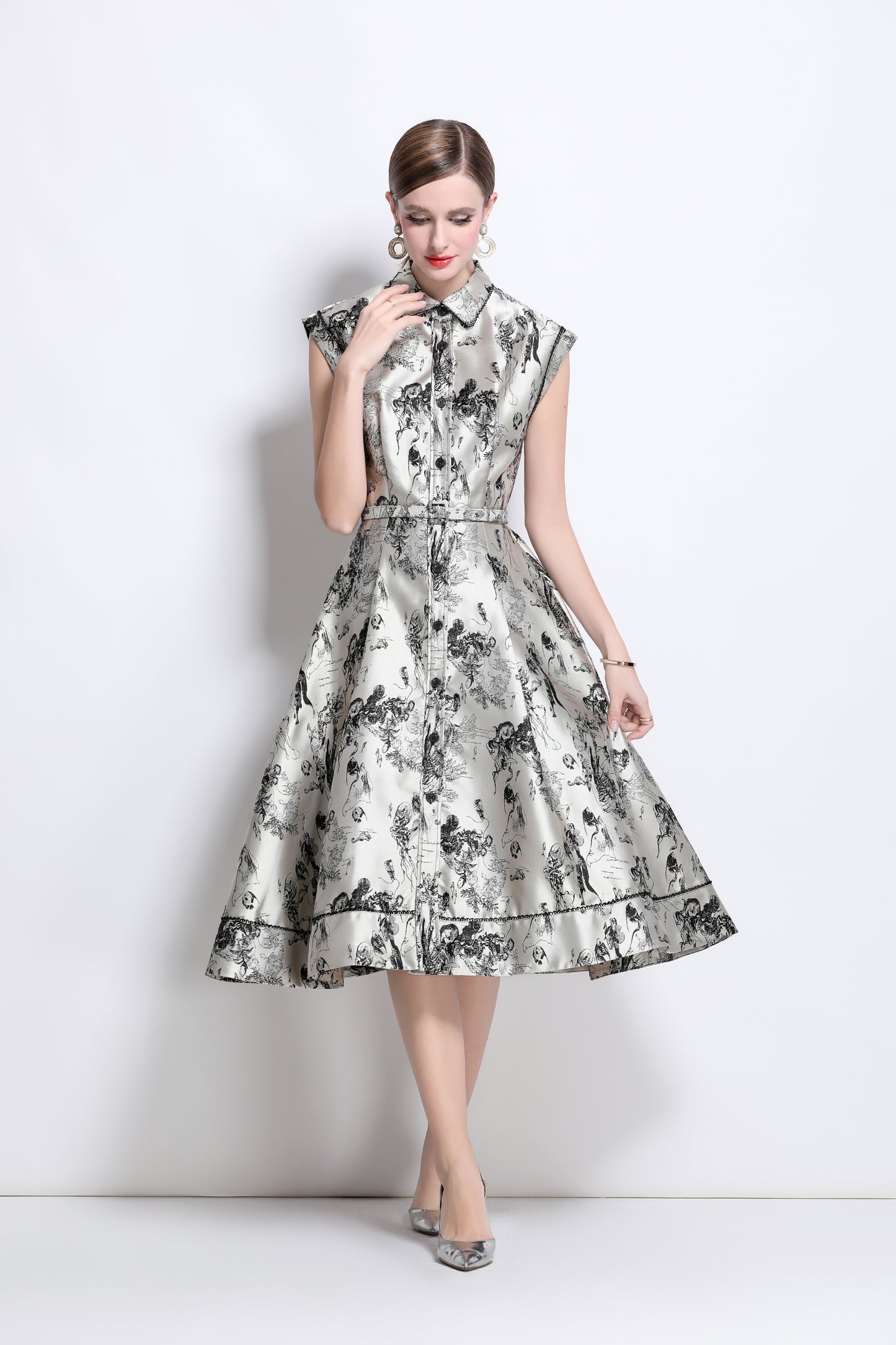 Women's Jacquard Cap Sleeve Button Rockabilly Dress - LAI MENG FIVE CATS
