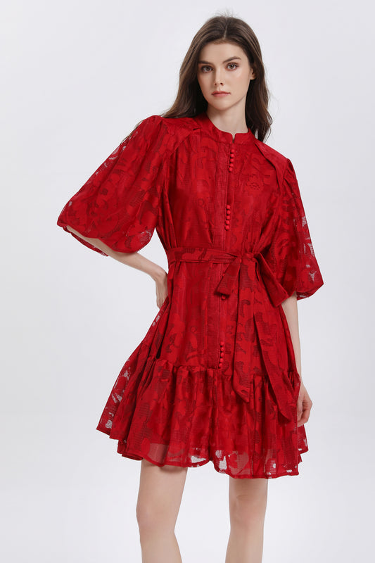 Women's Lace Puff Sleeve Ruffle Loose Mini Dress
