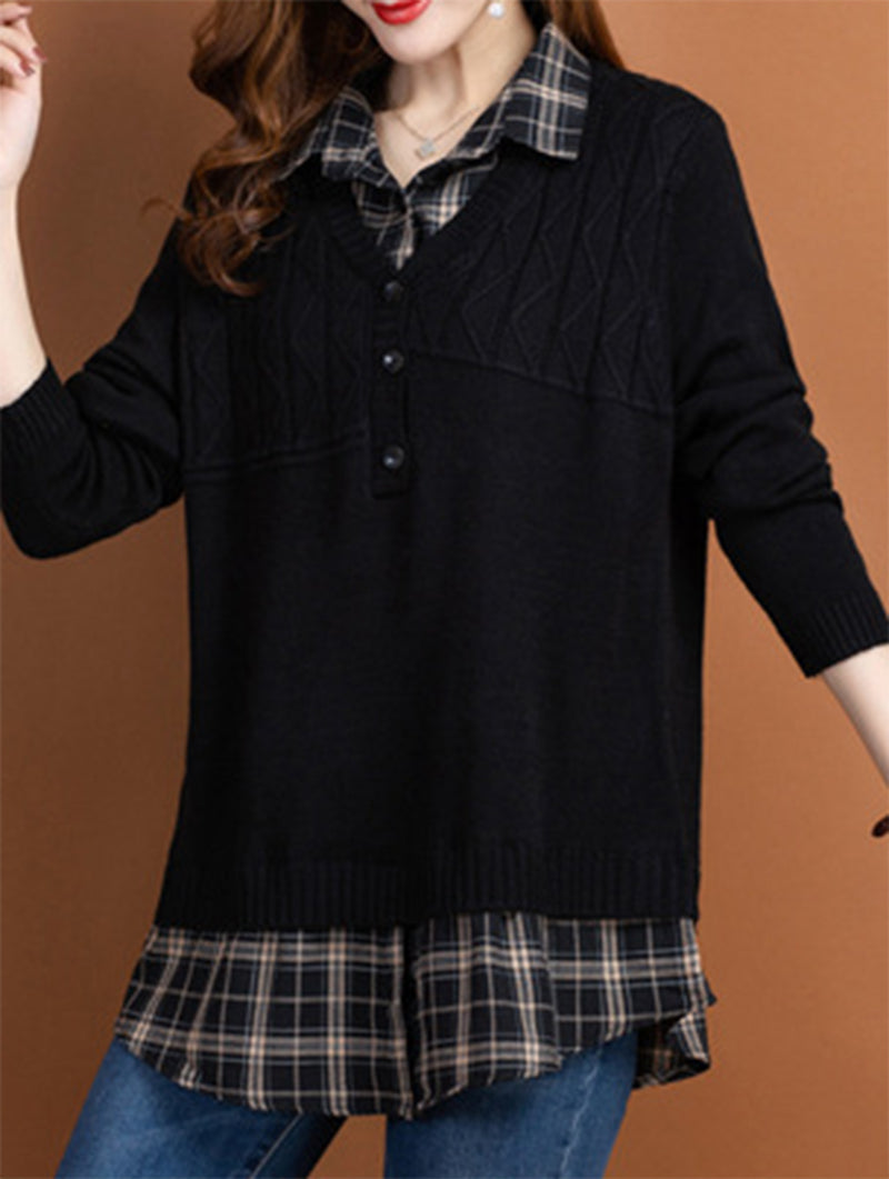 Women's V Neck Plaid Layered Look Knit Pullover Tops