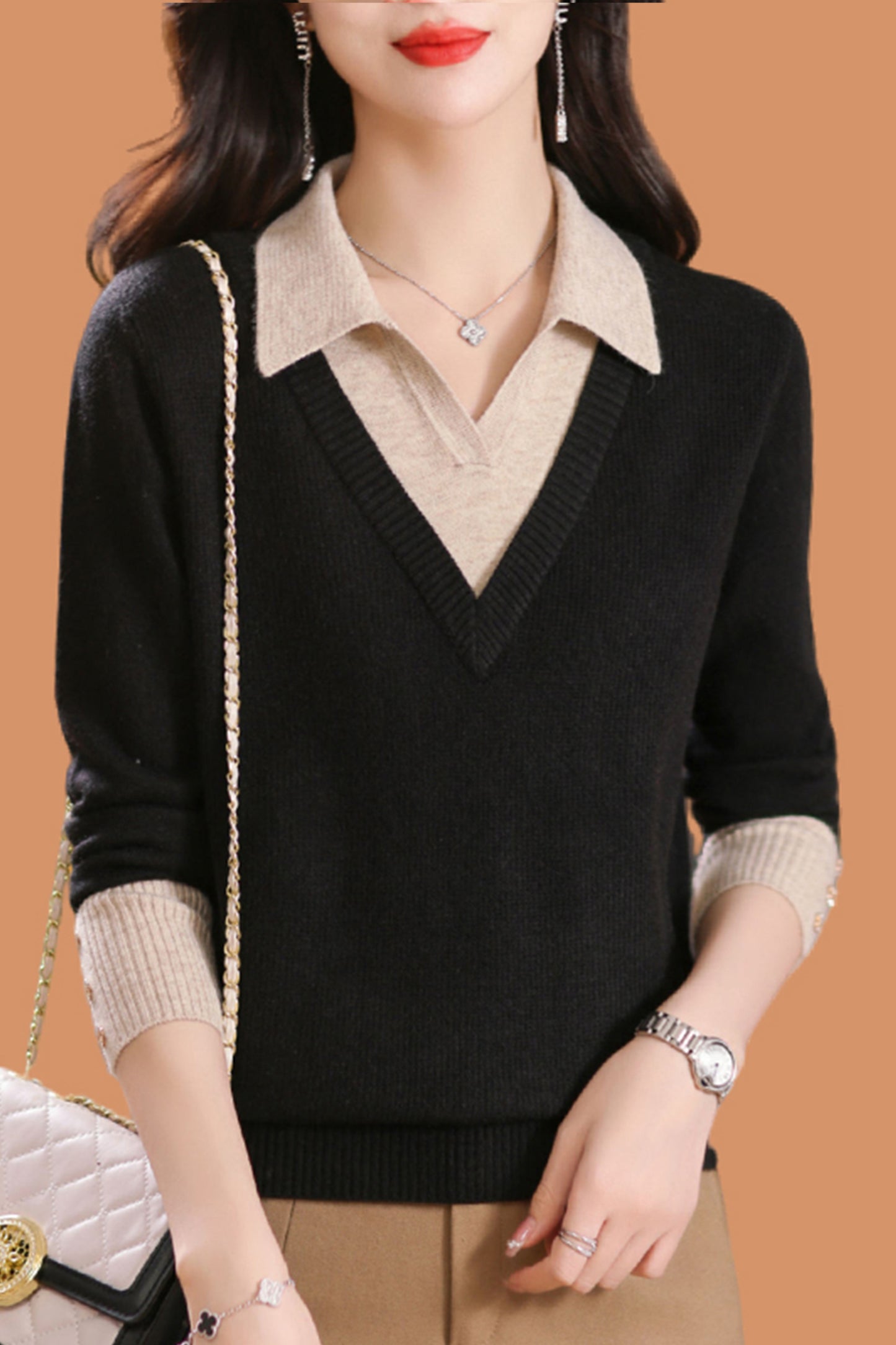 Women's Polo Contrast Collar Sweater Pullover Top