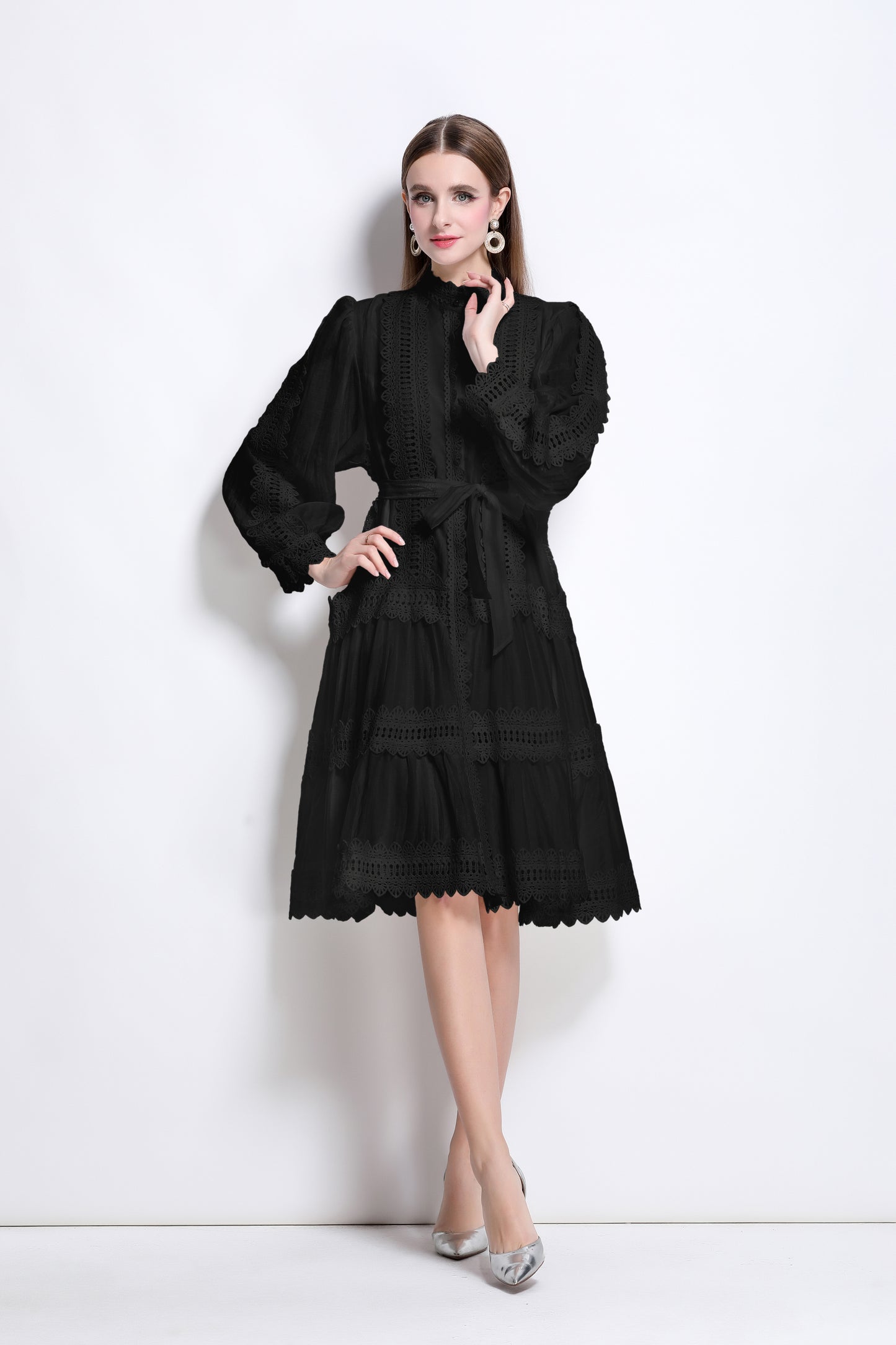 Women's Hollow Lace Lantern Sleeves Midi Dress