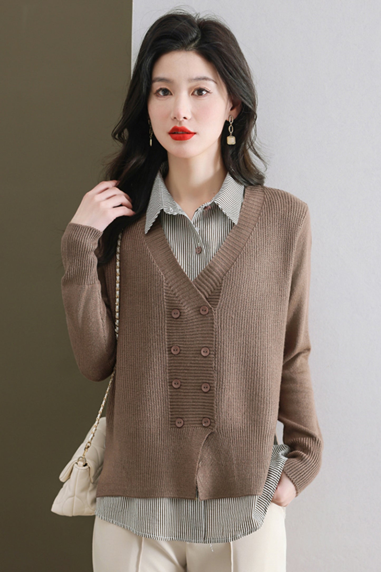 Women's Casual Patchwork Shirt Collar Long Sleeve Cotton Pullover Tops - LAI MENG FIVE CATS