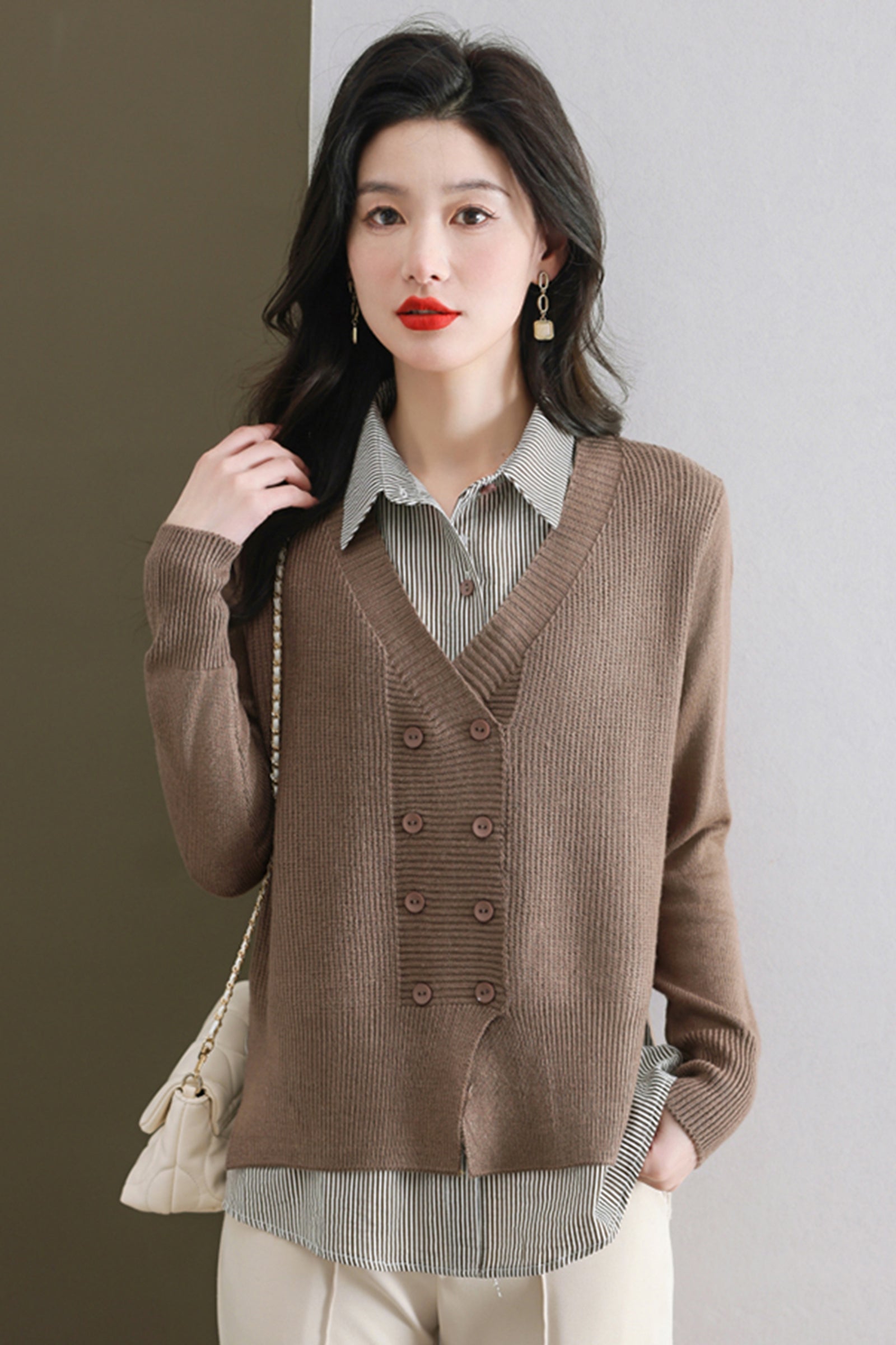 Women's Casual Patchwork Shirt Collar Long Sleeve Cotton Pullover Tops - LAI MENG FIVE CATS