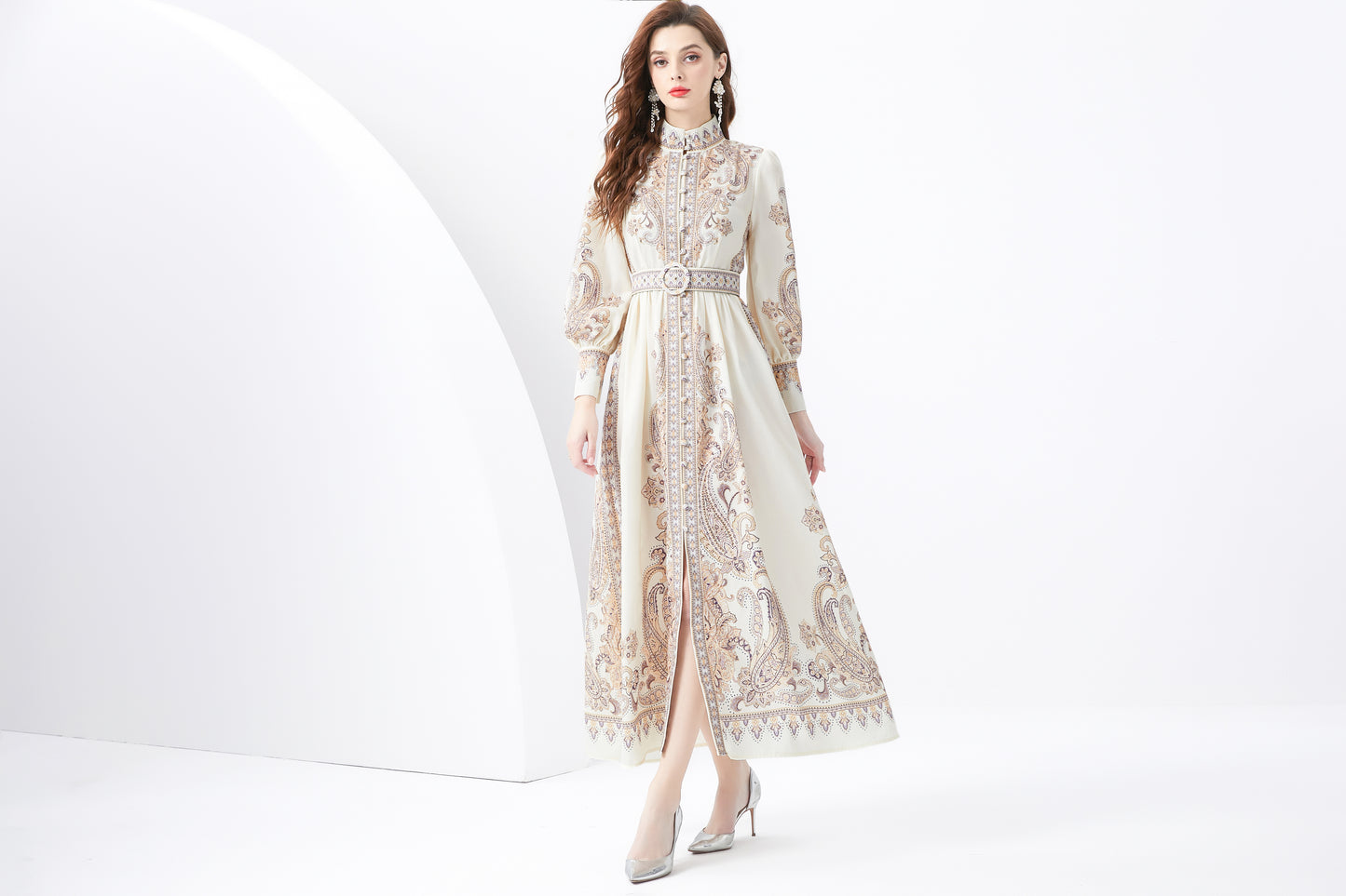 Women Vintage Floral Print Button Up Split Maxi Dress