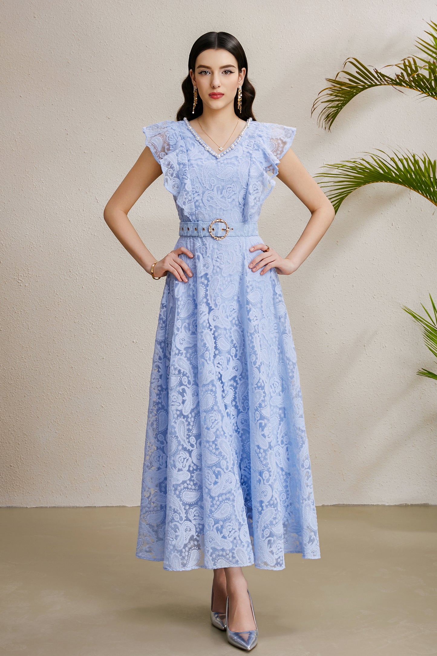 Women's Pearl V-Neck Lace Sleeveless Ruffled Sleeves Maxi Dress