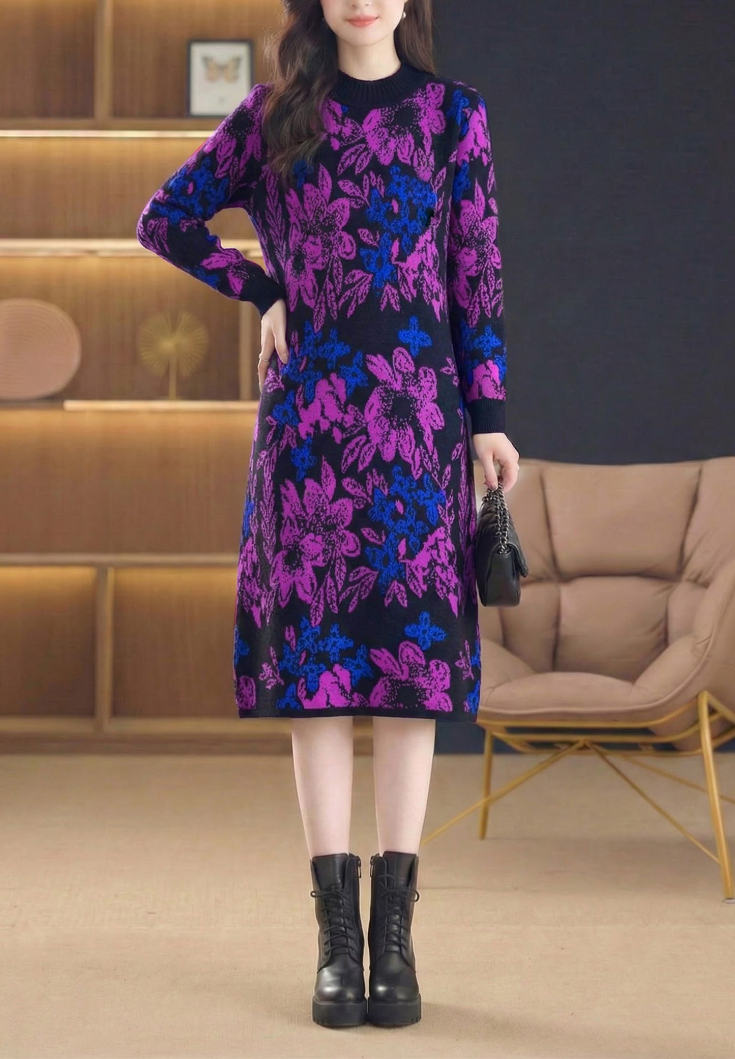 Women's Long Sleeve Knit Stretch Sweater Midi Dress