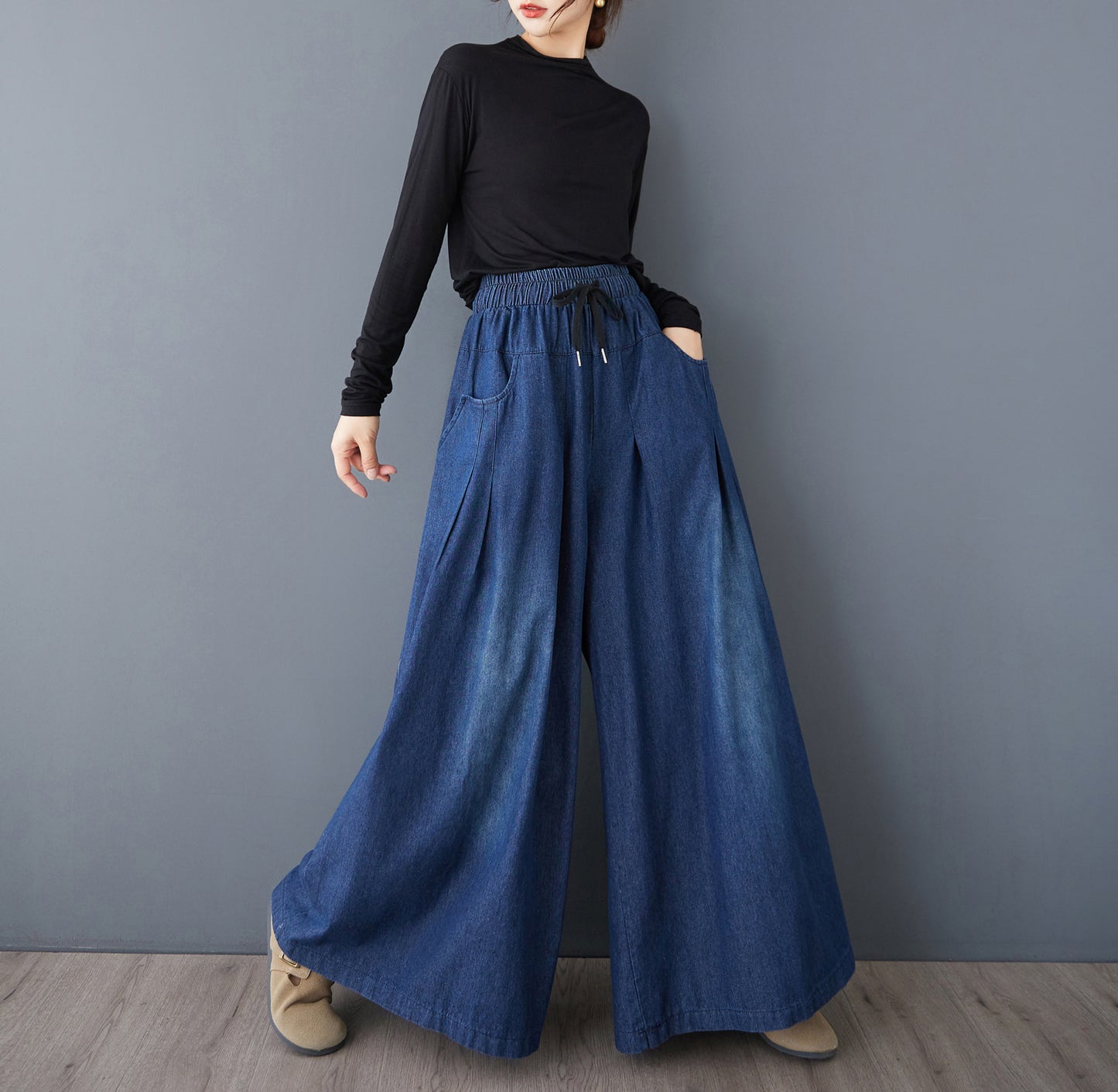 BK-Loose Elastic Waisted Drawstring Wide Leg Pants