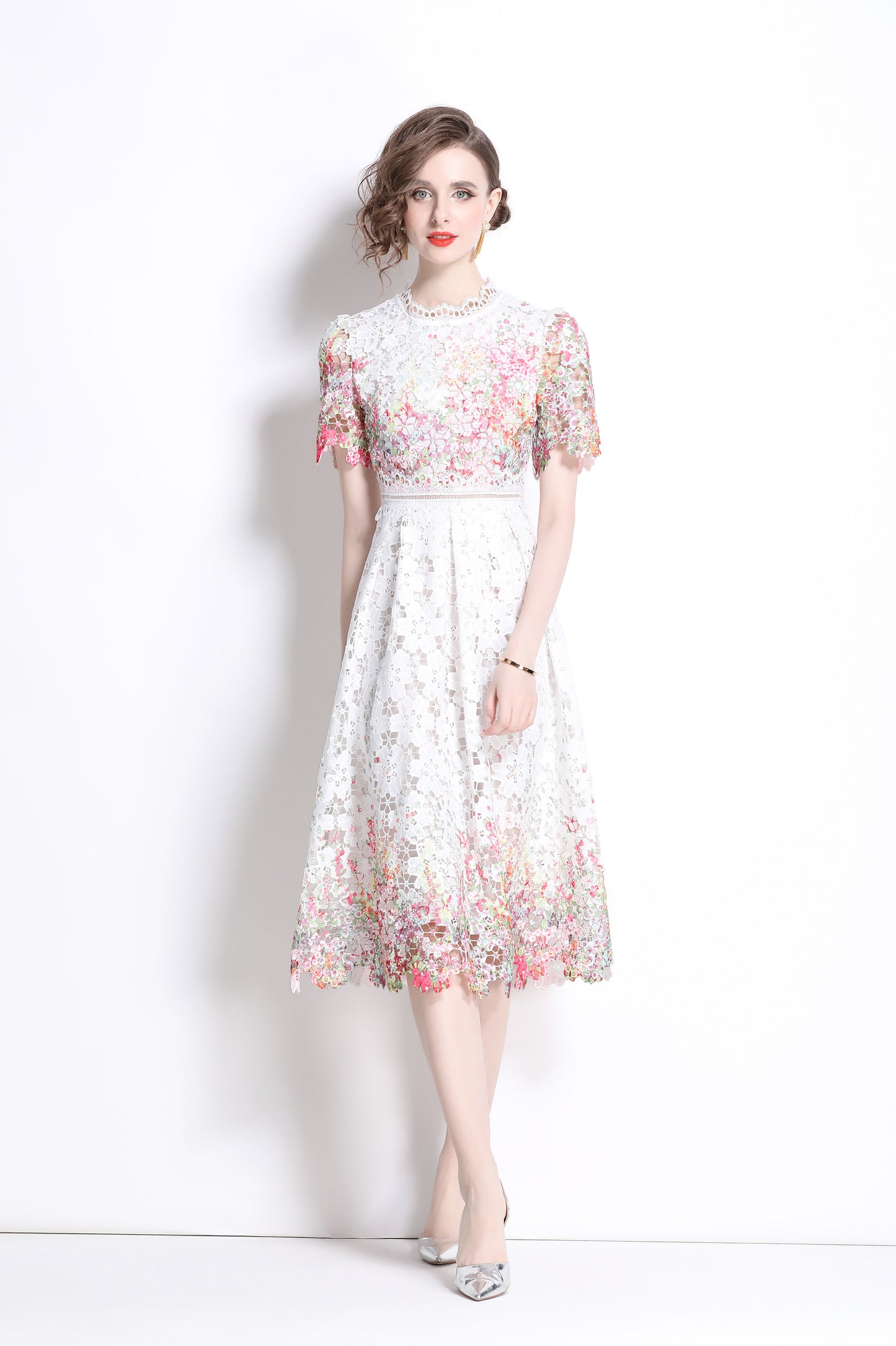 Women's Lace Floral Short Sleeve Crochet Waist Cocktail Midi Dress - LAI MENG FIVE CATS