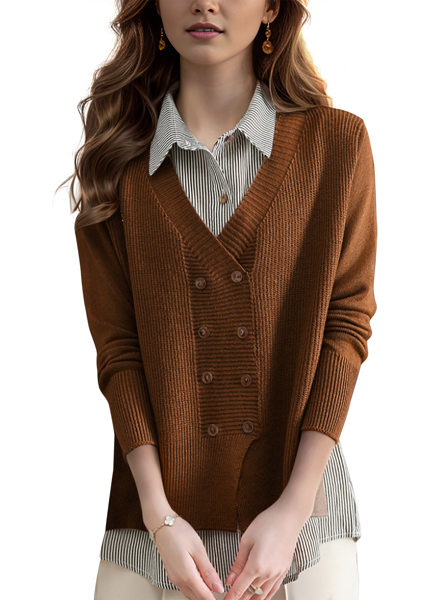 Women's Casual Patchwork Shirt Collar Long Sleeve Cotton Pullover Tops - LAI MENG FIVE CATS