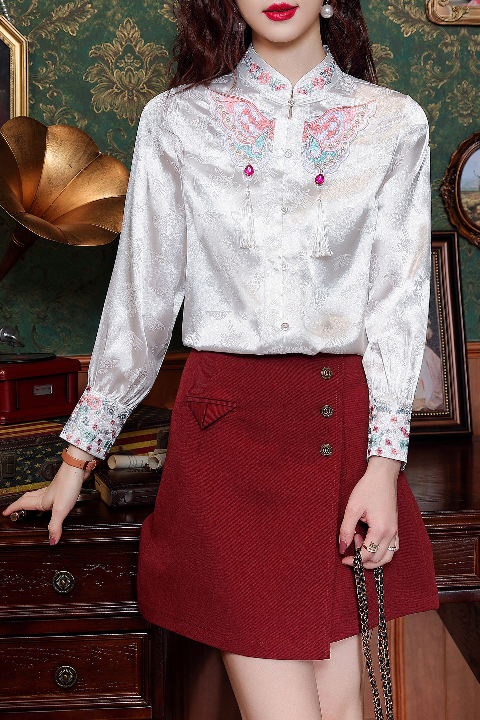 Women's Vintage chinese Silk Satin Top Embroidery Jacquard Blouses - LAI MENG FIVE CATS