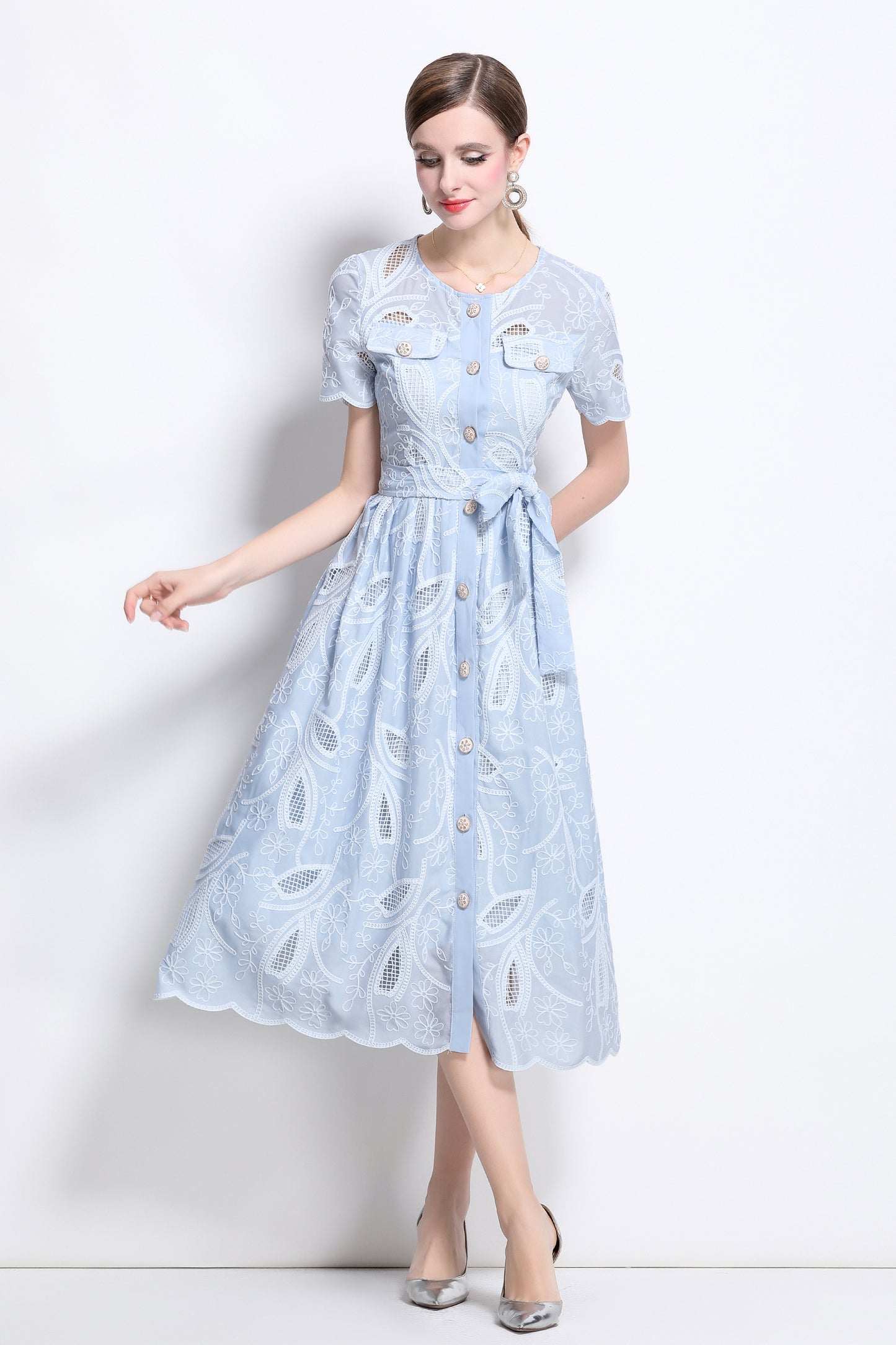 Women's Hollow Lace Short Sleeve Midi Dress