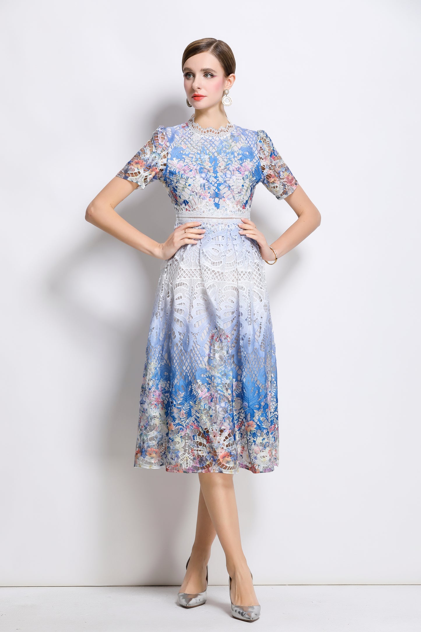 Women's Lace Floral Short Sleeve Midi Dress