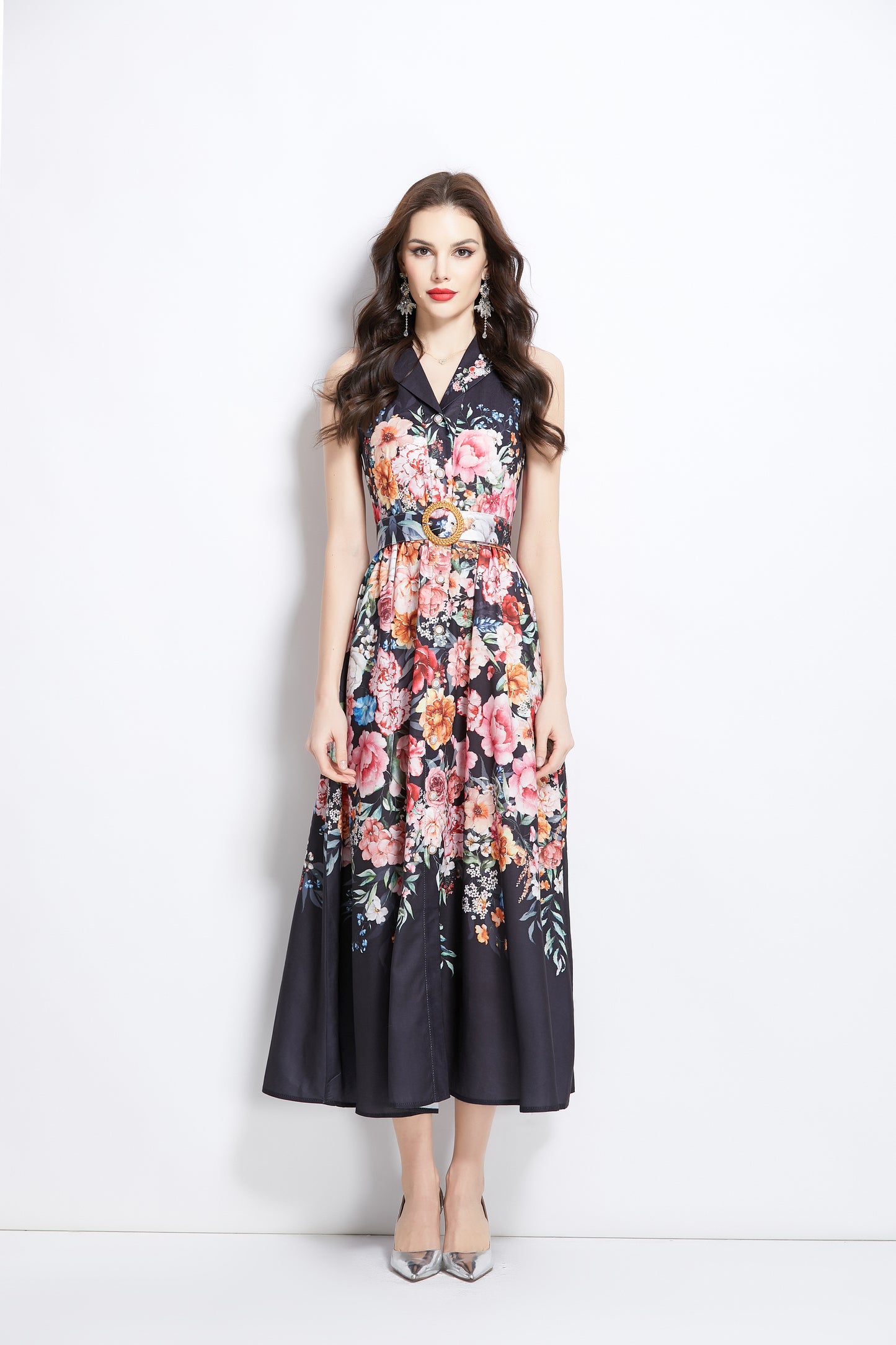Women's Floral Print Sleeveless V Neck Maxi Dress