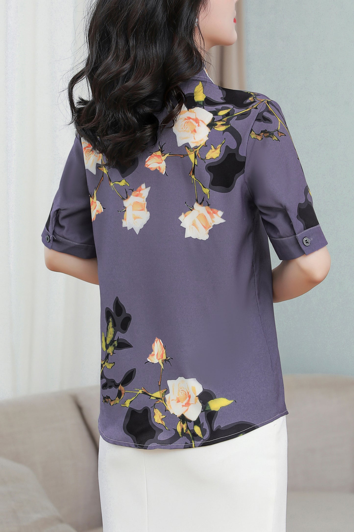 Women's Collared Floral Print Blouse Short Sleeve Tops