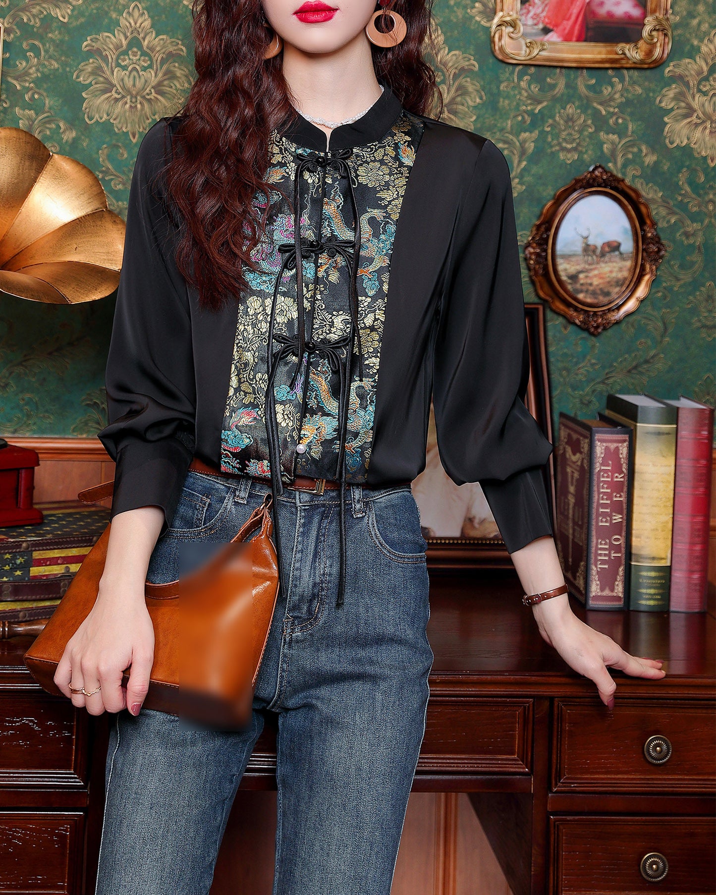 Women's Vintage chinese Silk Satin Top Embroidery Jacquard Blouses - LAI MENG FIVE CATS