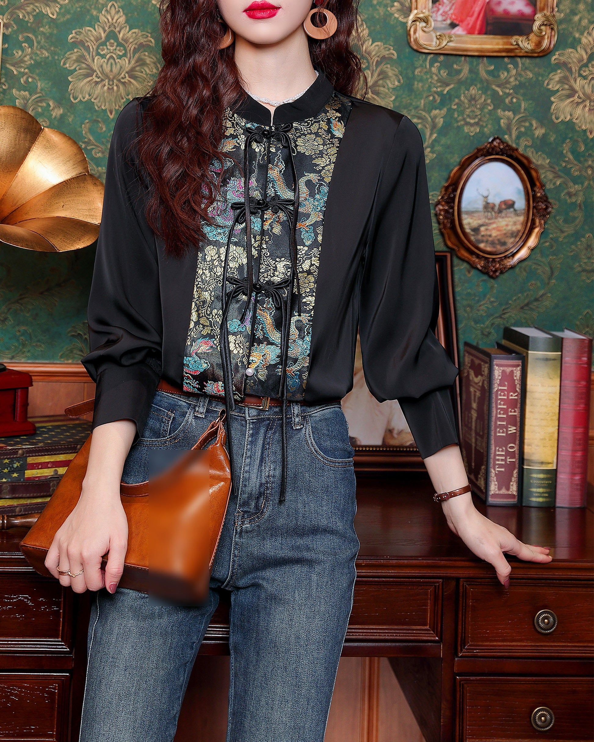 Women's Vintage chinese Silk Satin Top Embroidery Jacquard Blouses - LAI MENG FIVE CATS