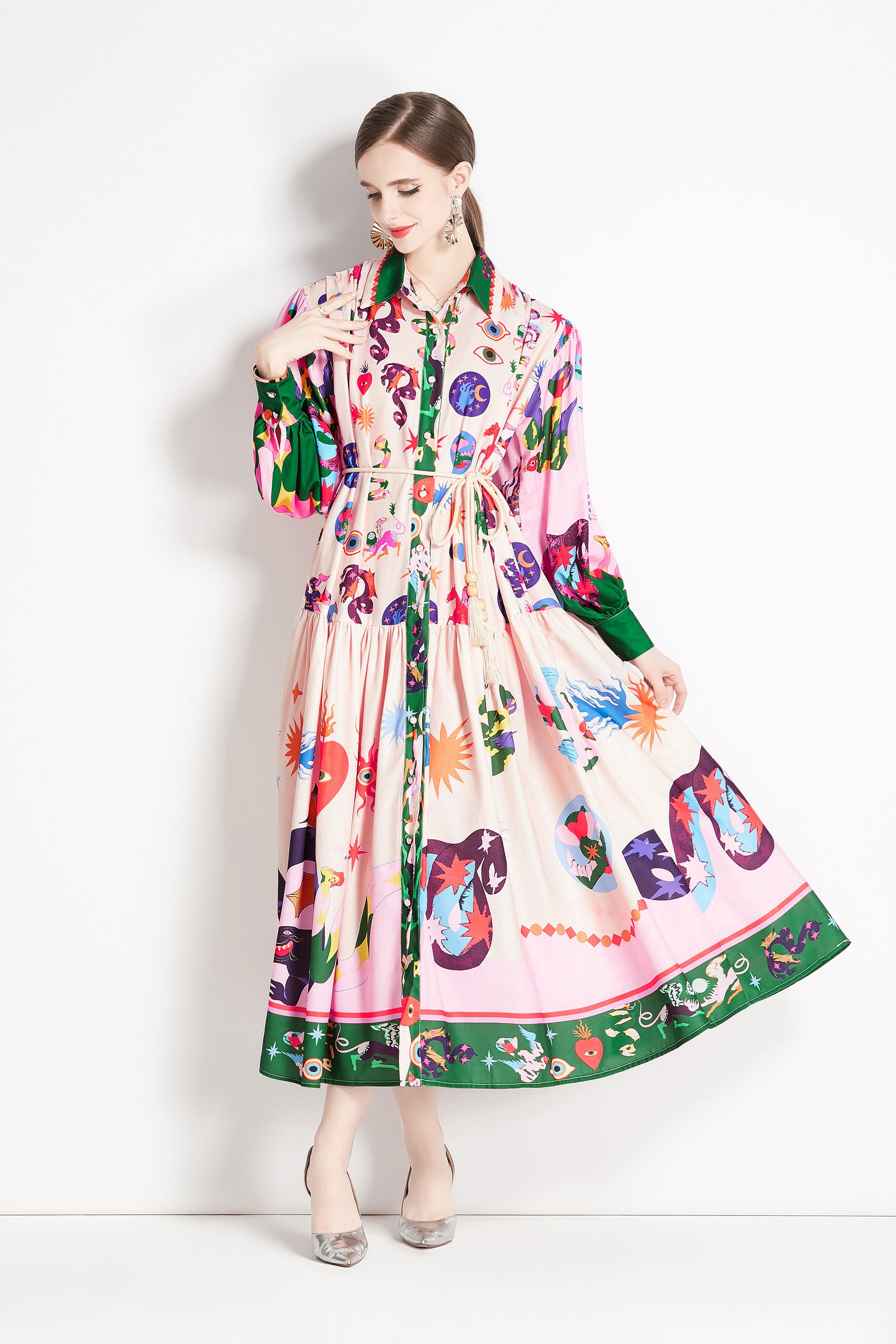 BK-Floral Print Casual Button Maxi Dress - LAI MENG FIVE CATS