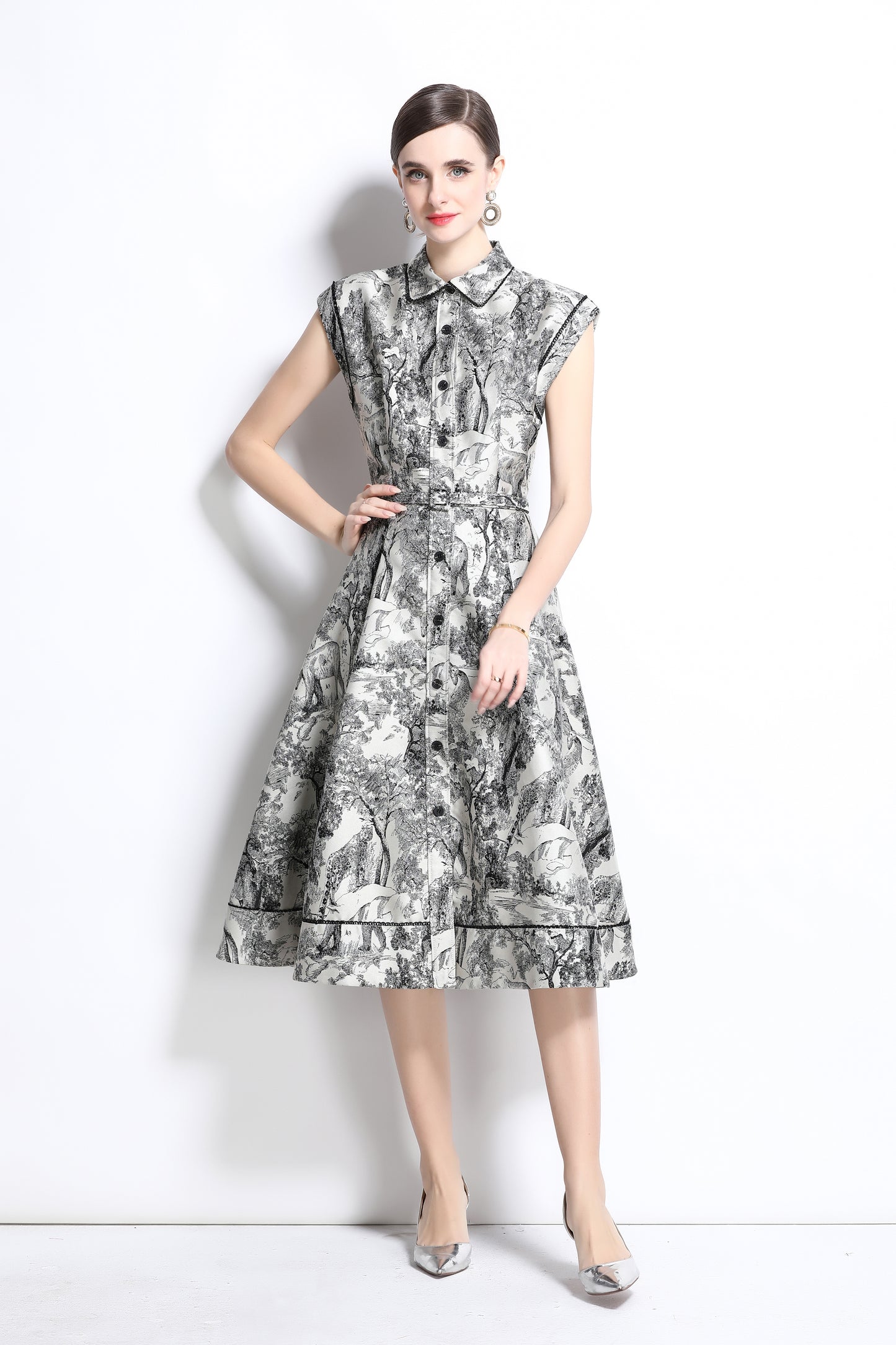 Women's Jacquard Cap Sleeve Button Rockabilly Dress - LAI MENG FIVE CATS