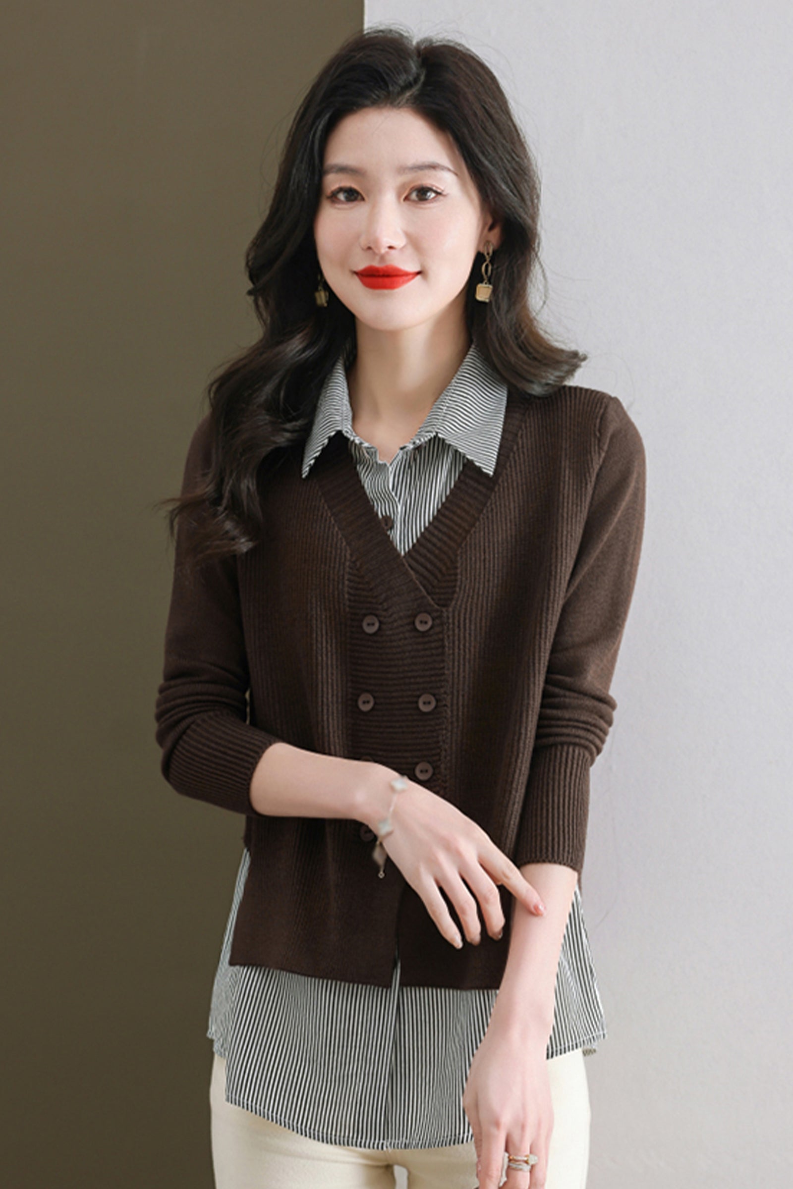 Women's Casual Patchwork Shirt Collar Long Sleeve Cotton Pullover Tops - LAI MENG FIVE CATS