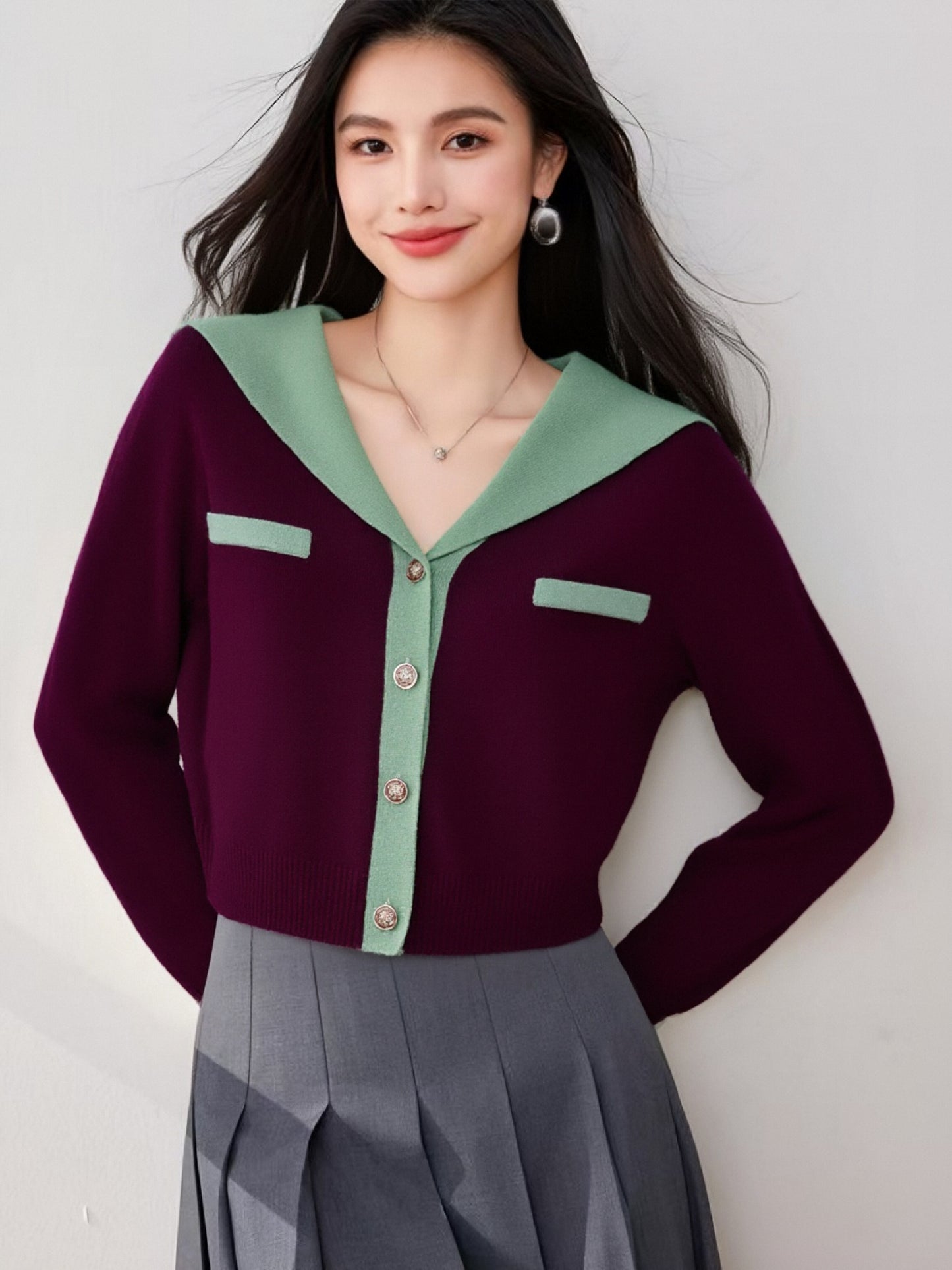 Women's Sailor Collar Long Sleeve Stripe Cardigan Sweater