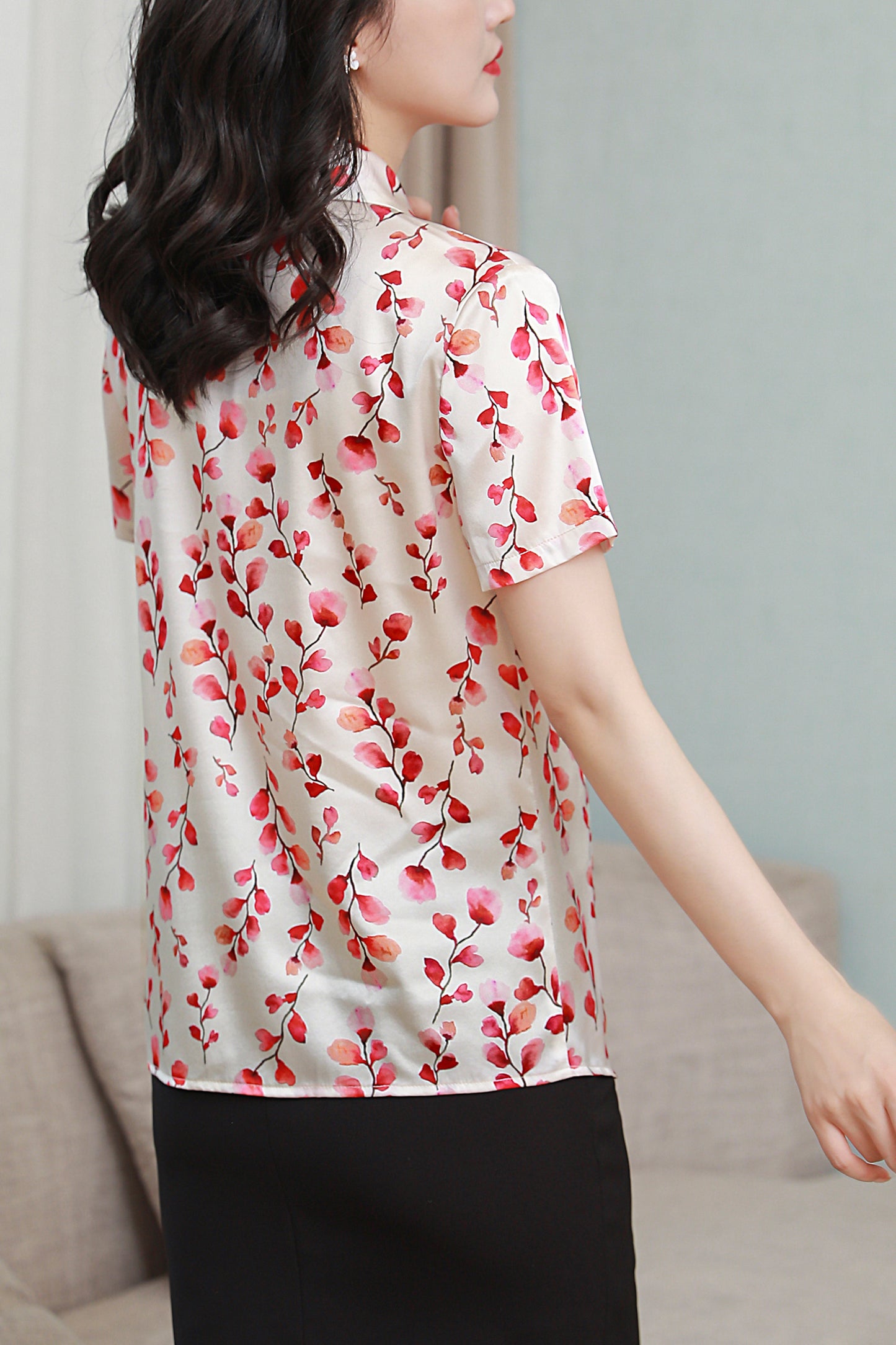 Women's Stain Floral Print Blouse Short Sleeve Tops