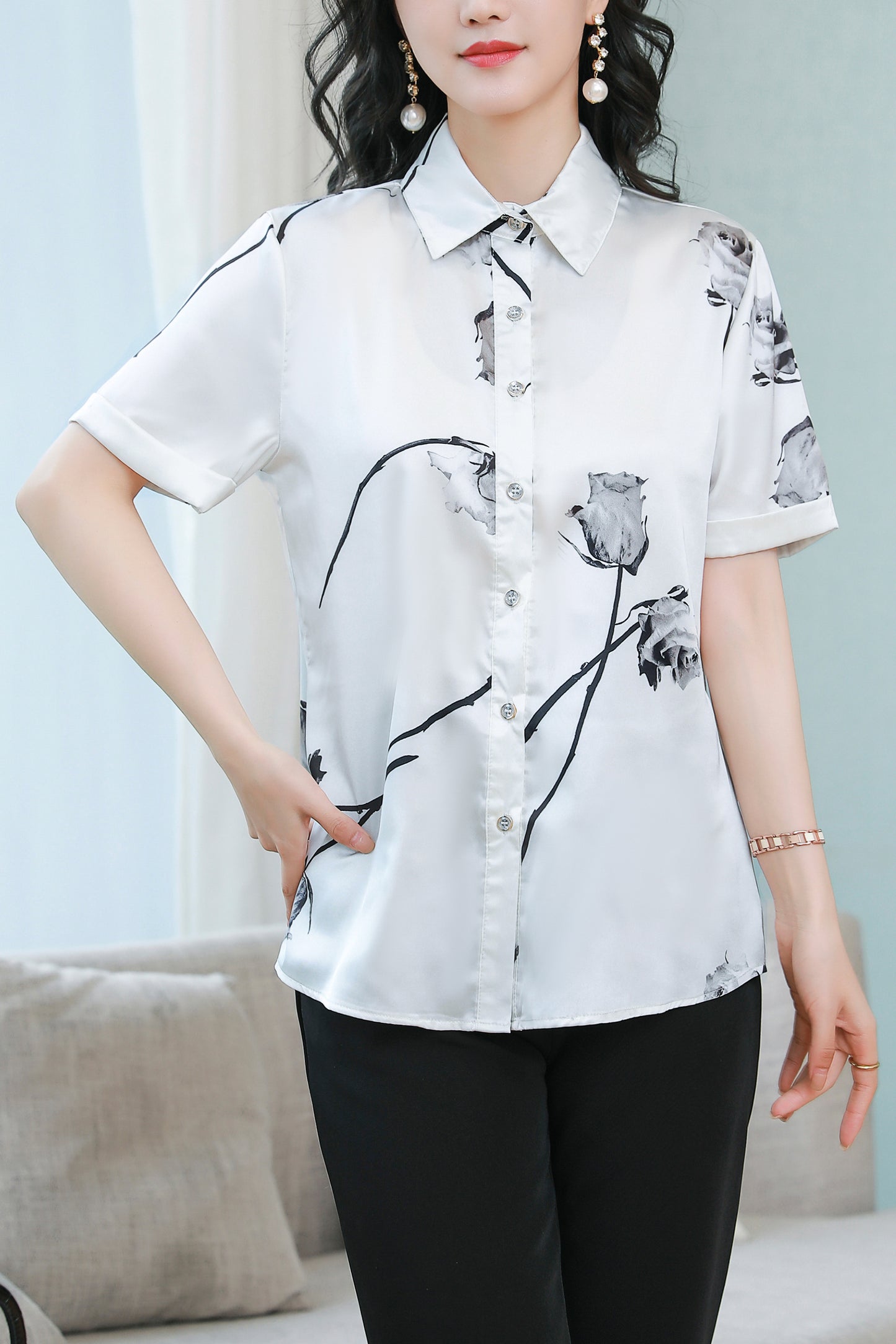 Women's Stain Floral Print Blouse Short Sleeve Tops