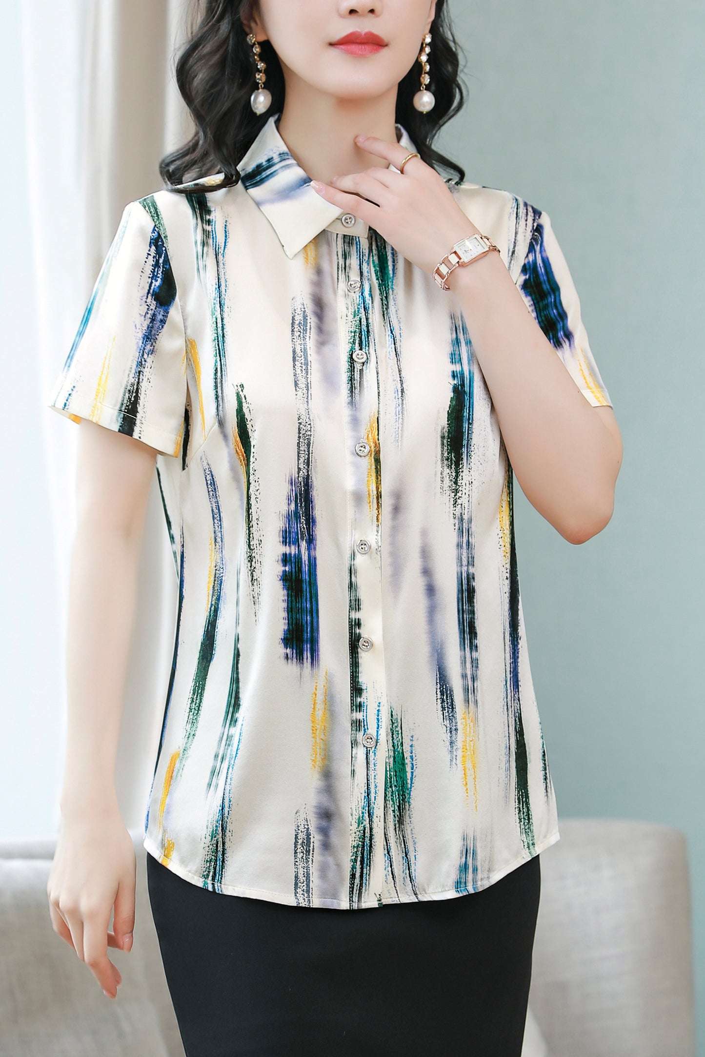 Women's Stain Floral Print Blouse Short Sleeve Tops