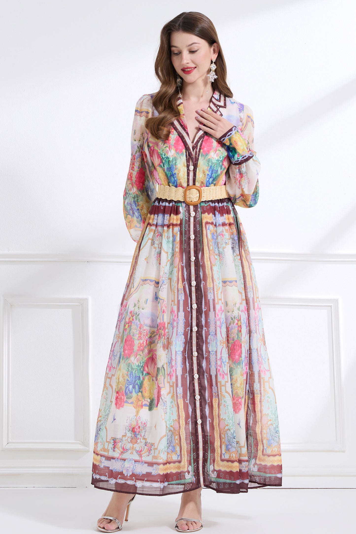 Women's Floral Print V Neck Puff Sleeve Maxi Dress