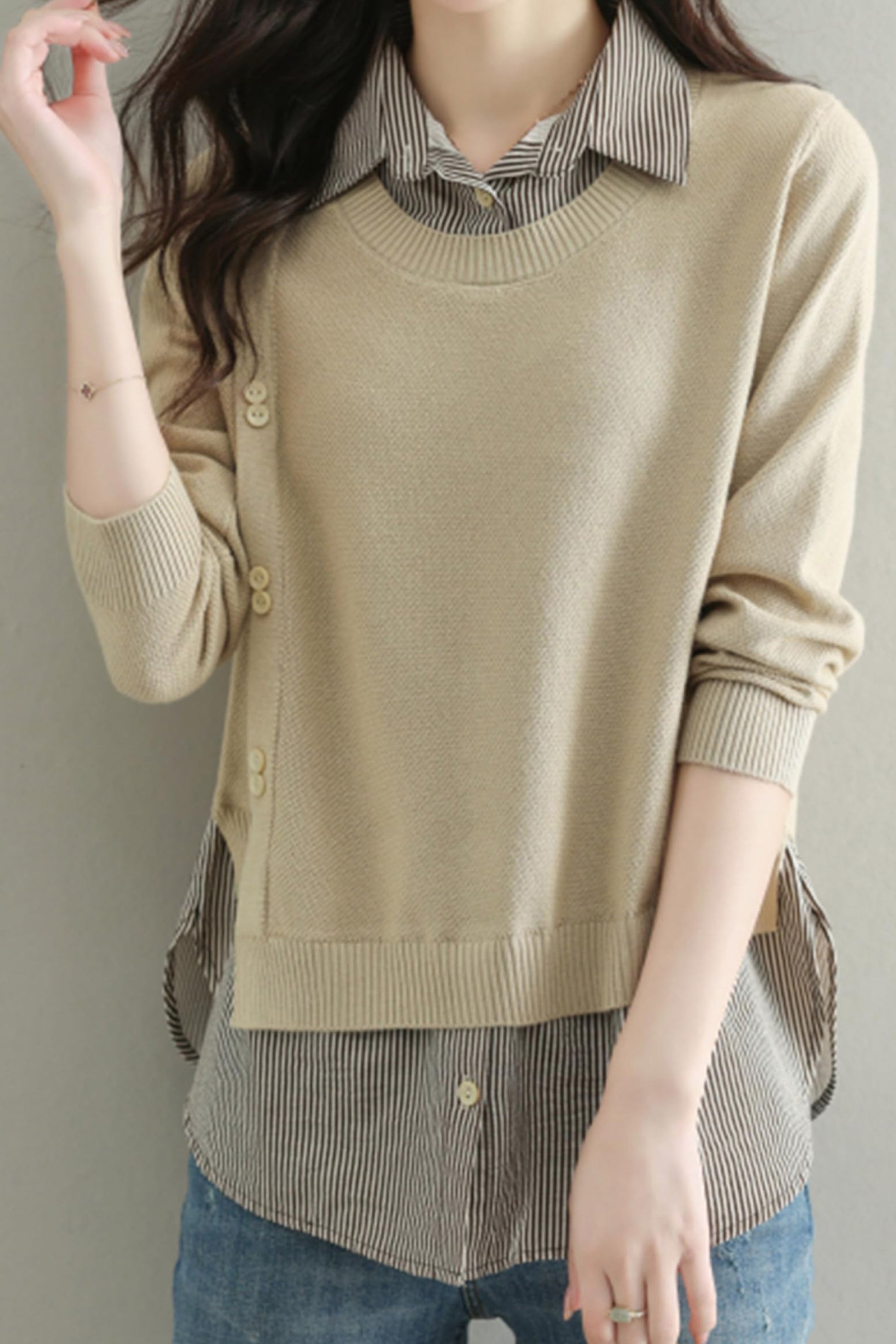 Womens Knit Long Sleeve Patchwork Blouse Tops - LAI MENG FIVE CATS
