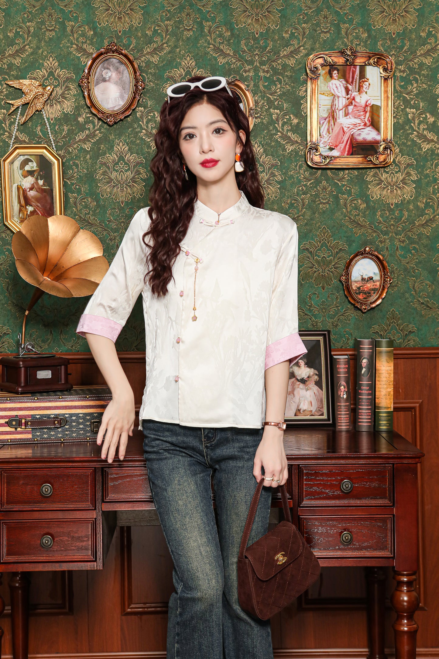 Women's Silk Satin Tops Button Jacquard Blouse