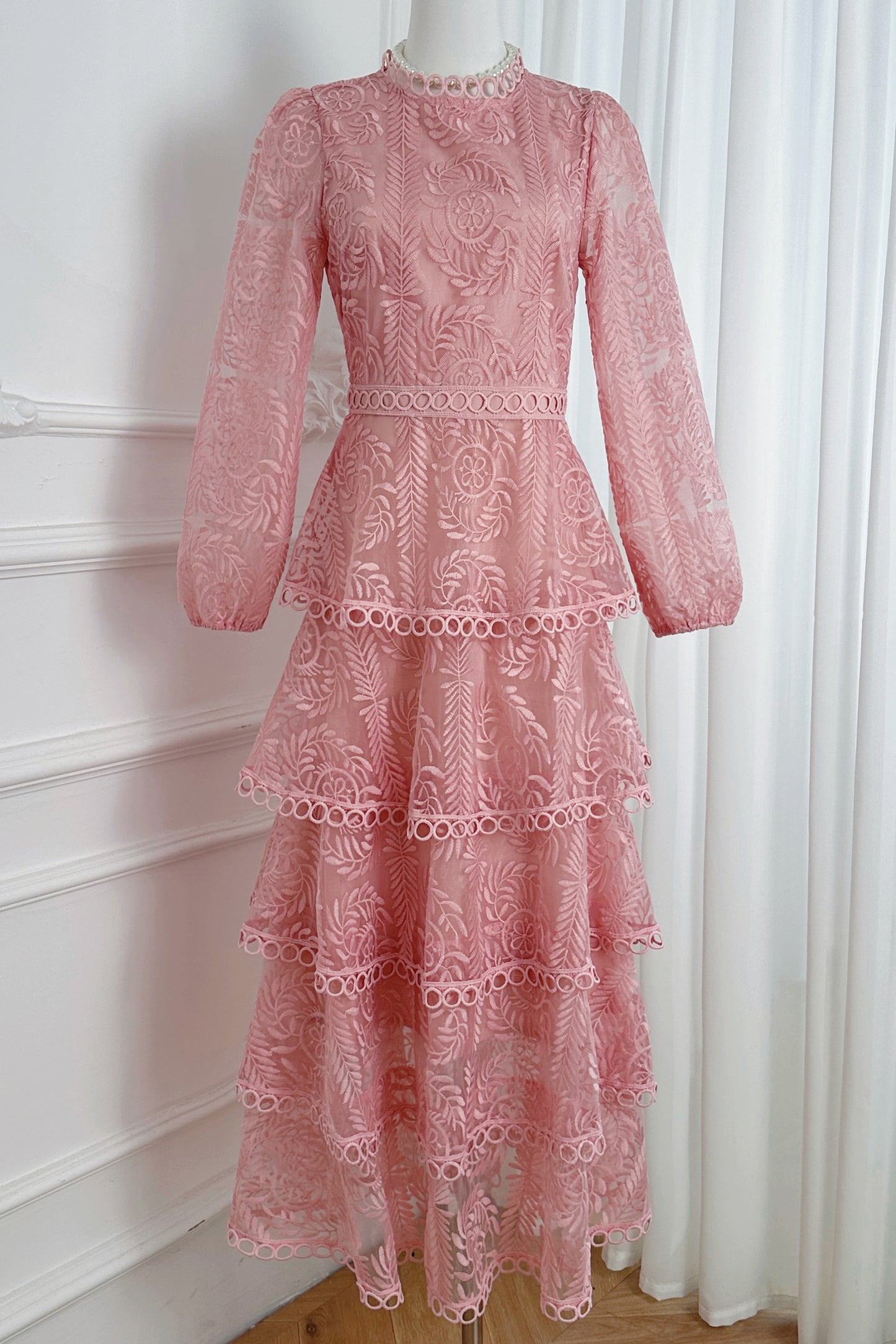 Women's Mesh Embroidery Ruffle Tiered Layered Maxi Dress