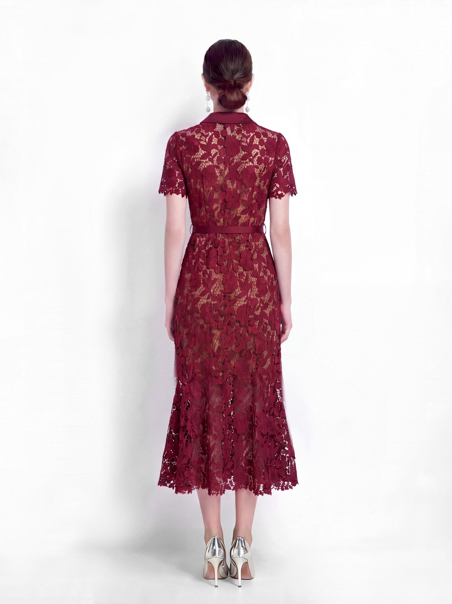Lace Collared Belted Fishtail Midi Dress | Wine Red