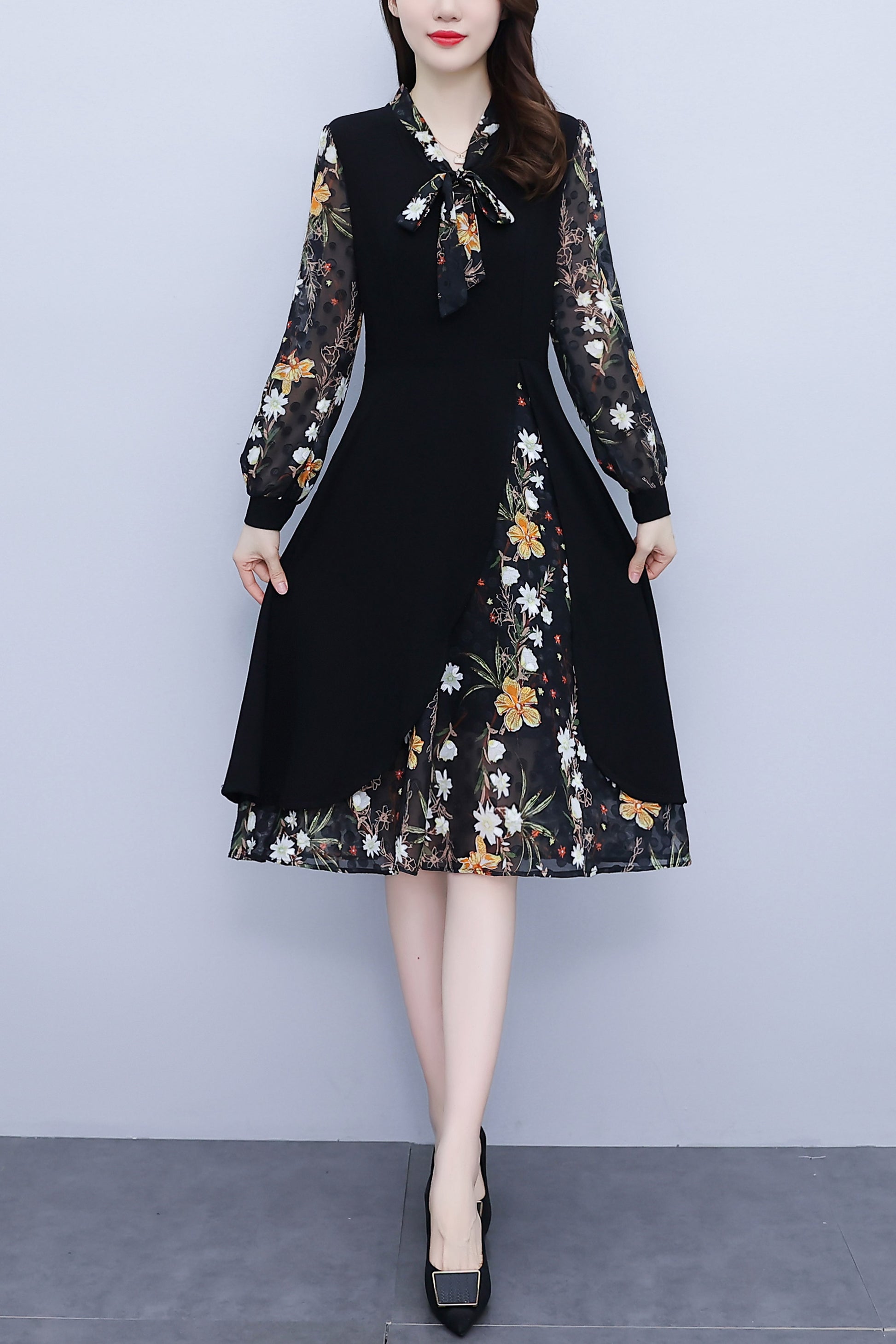 Women's Elegant Patchwork Design A-Line Midi Dress - LAI MENG FIVE CATS
