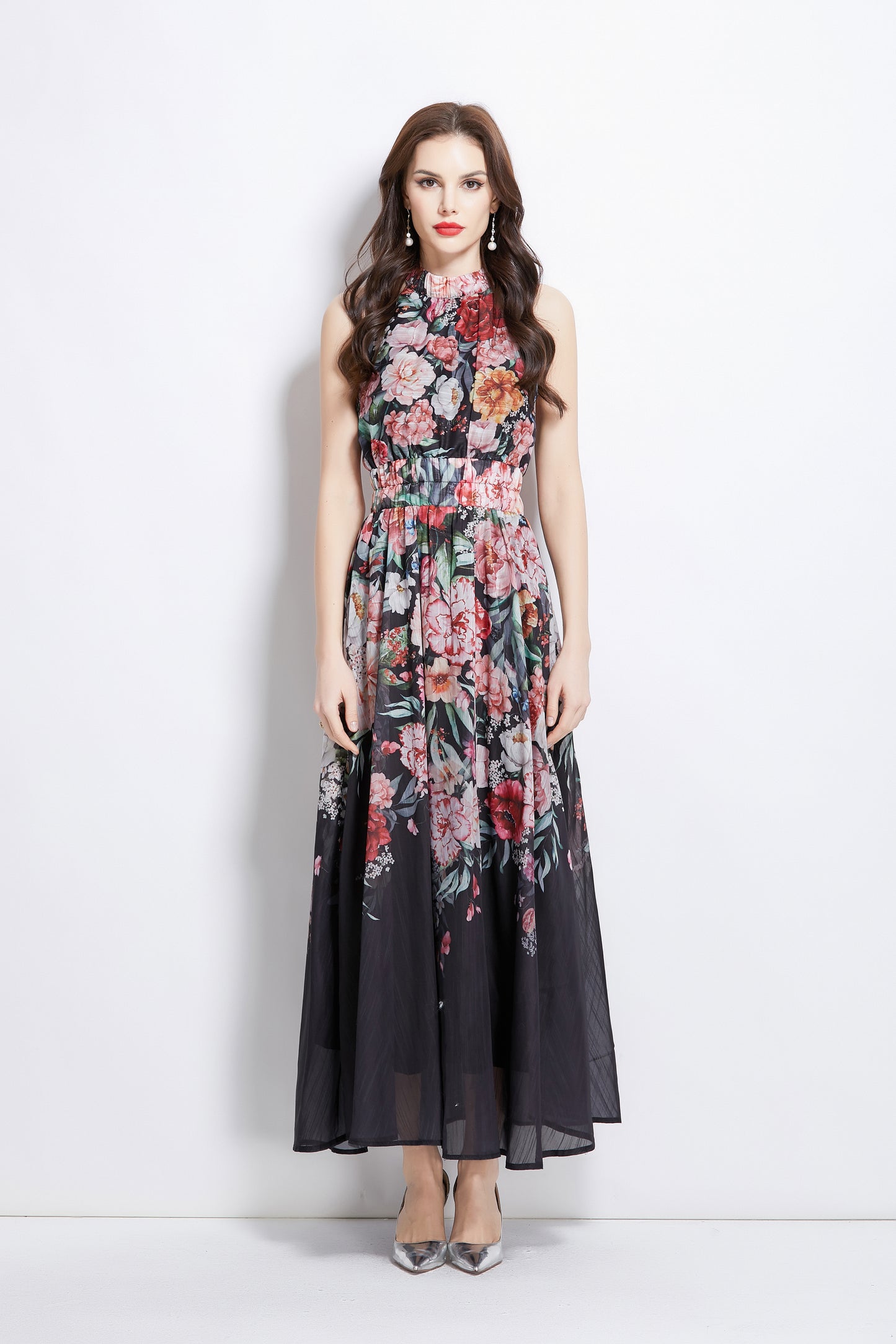 Women's Halter Neck Floral Elastic Waist Maxi Dress