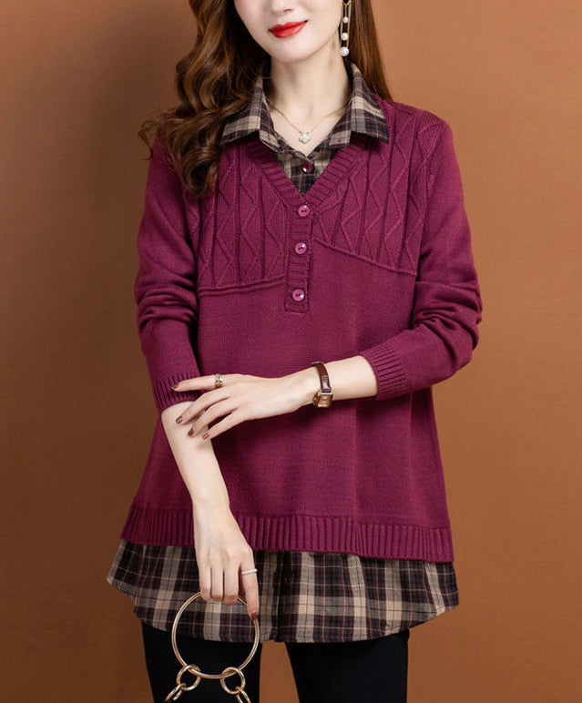 Women's V Neck Plaid Layered Look Knit Pullover Tops