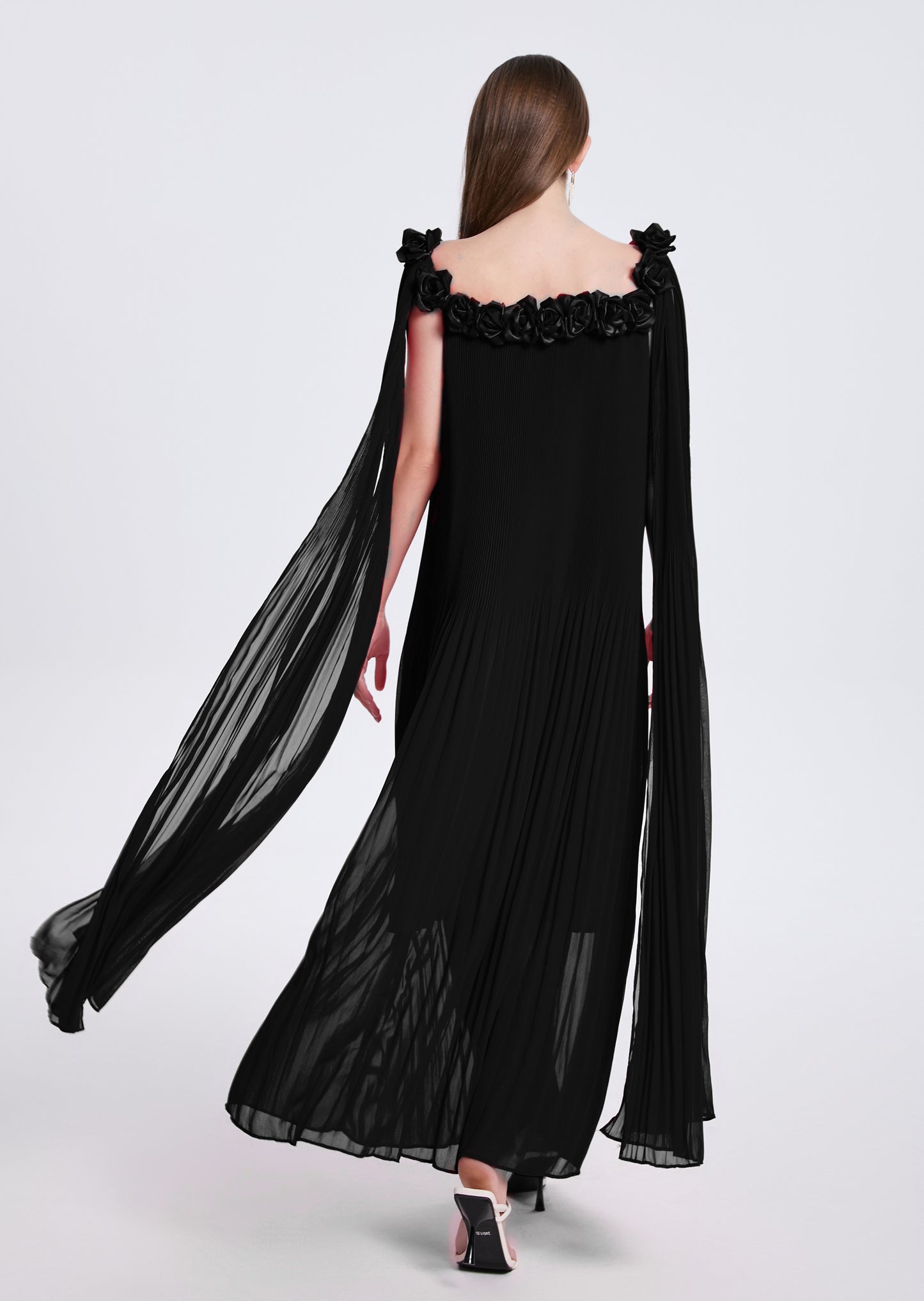 Women's Off Shoulder Chiffon 3D Floral Pleated Maxi Dress