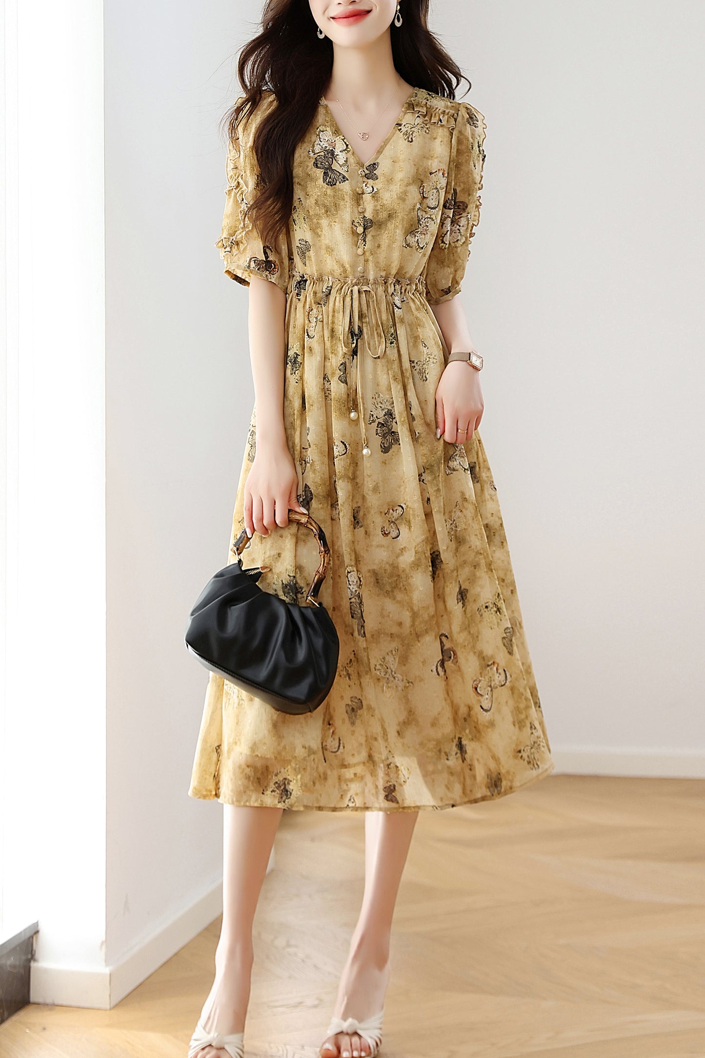 Women's Chffion V-Neck Floral Print Midi Dress