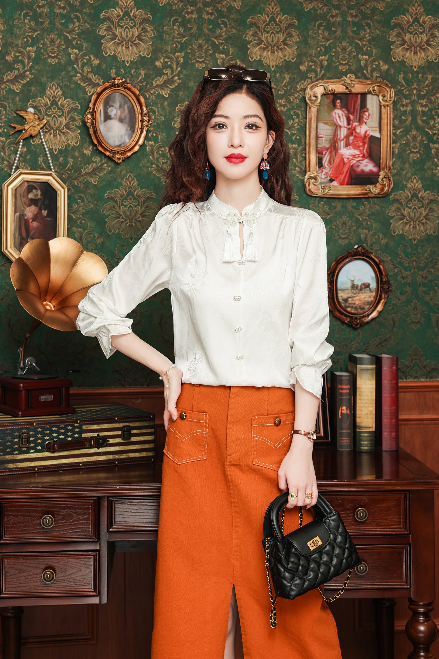 Women's Silk Satin Pearl Jacquard Blouse Top