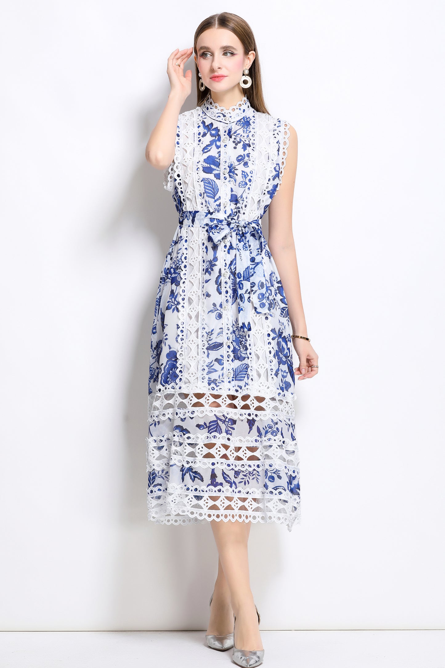Women's Sleeveless Hollow Out Lace Midi Dress