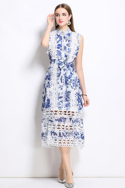 Women's Sleeveless Hollow Out Lace Midi Dress
