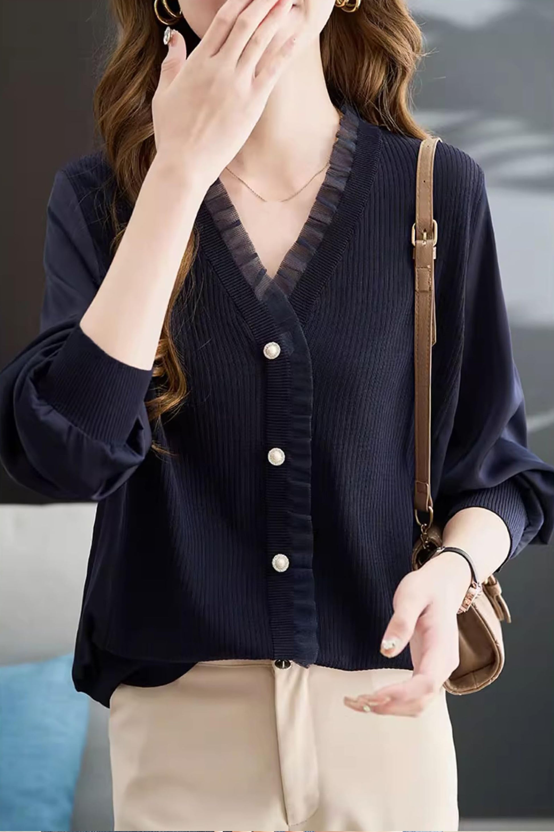 Knit Patchwork Button Casual Blouse Tops - LAI MENG FIVE CATS